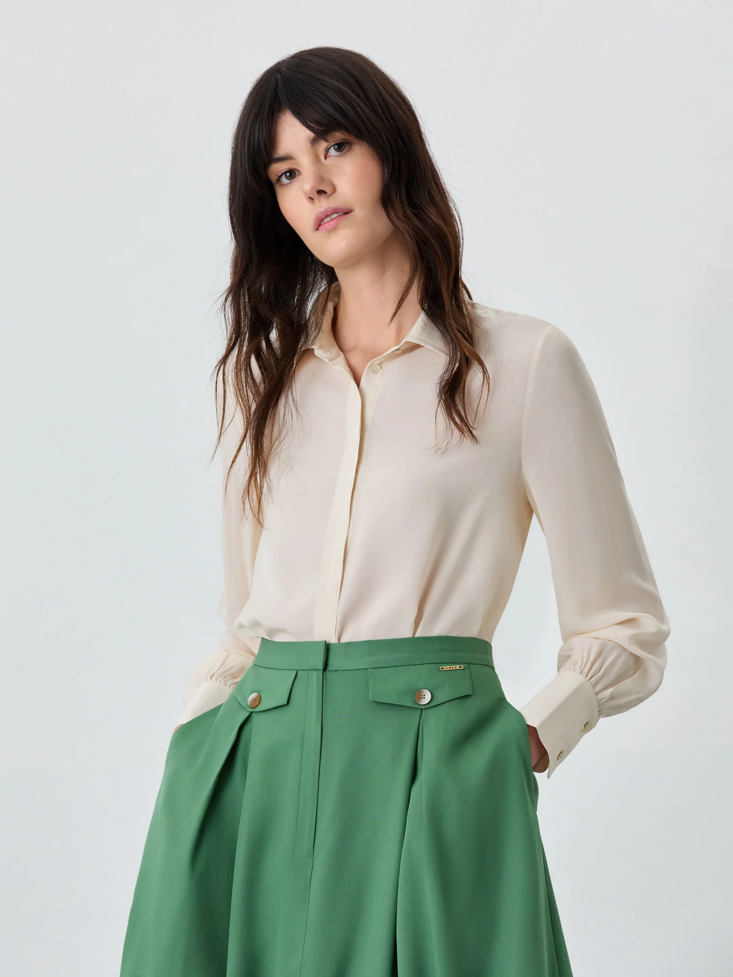 Blouse In Crepe Fabric With Top Stitched Collar and Cuffs - Image 2