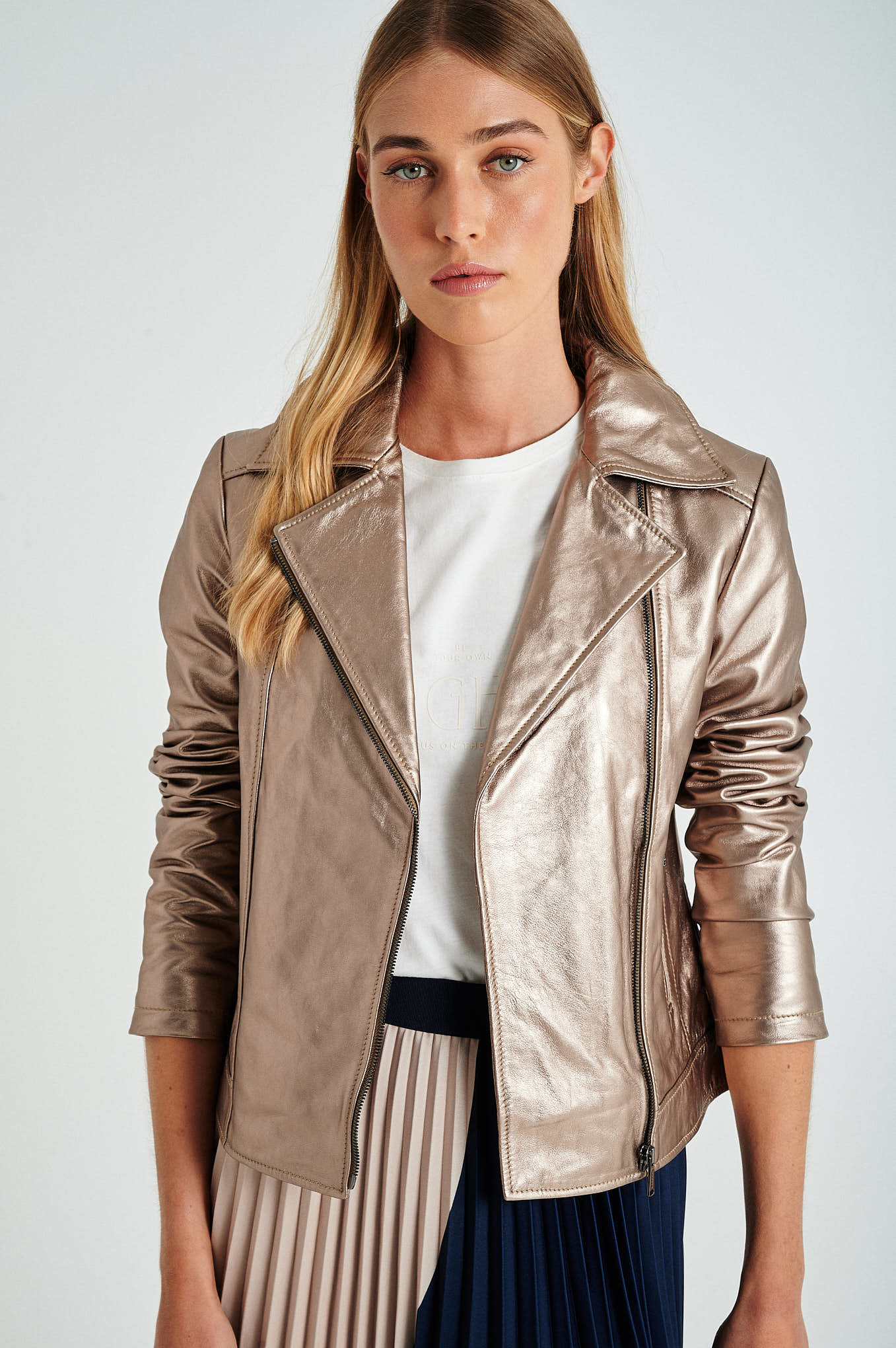 Champagne gold leather biker jacket - Image 3