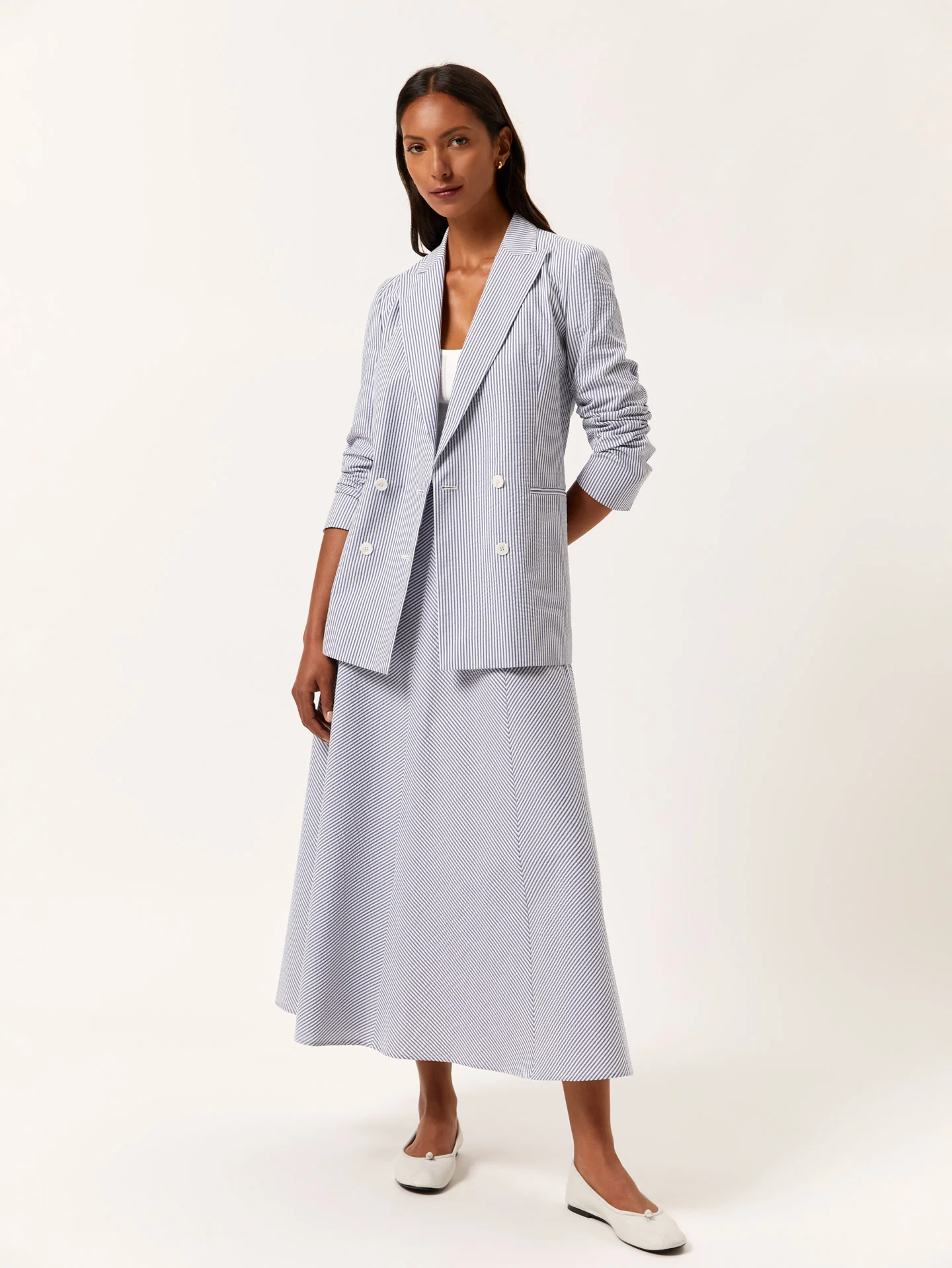 Double-Breasted Suit Blazer In Cotton Blend Striped Seersucker - Image 2