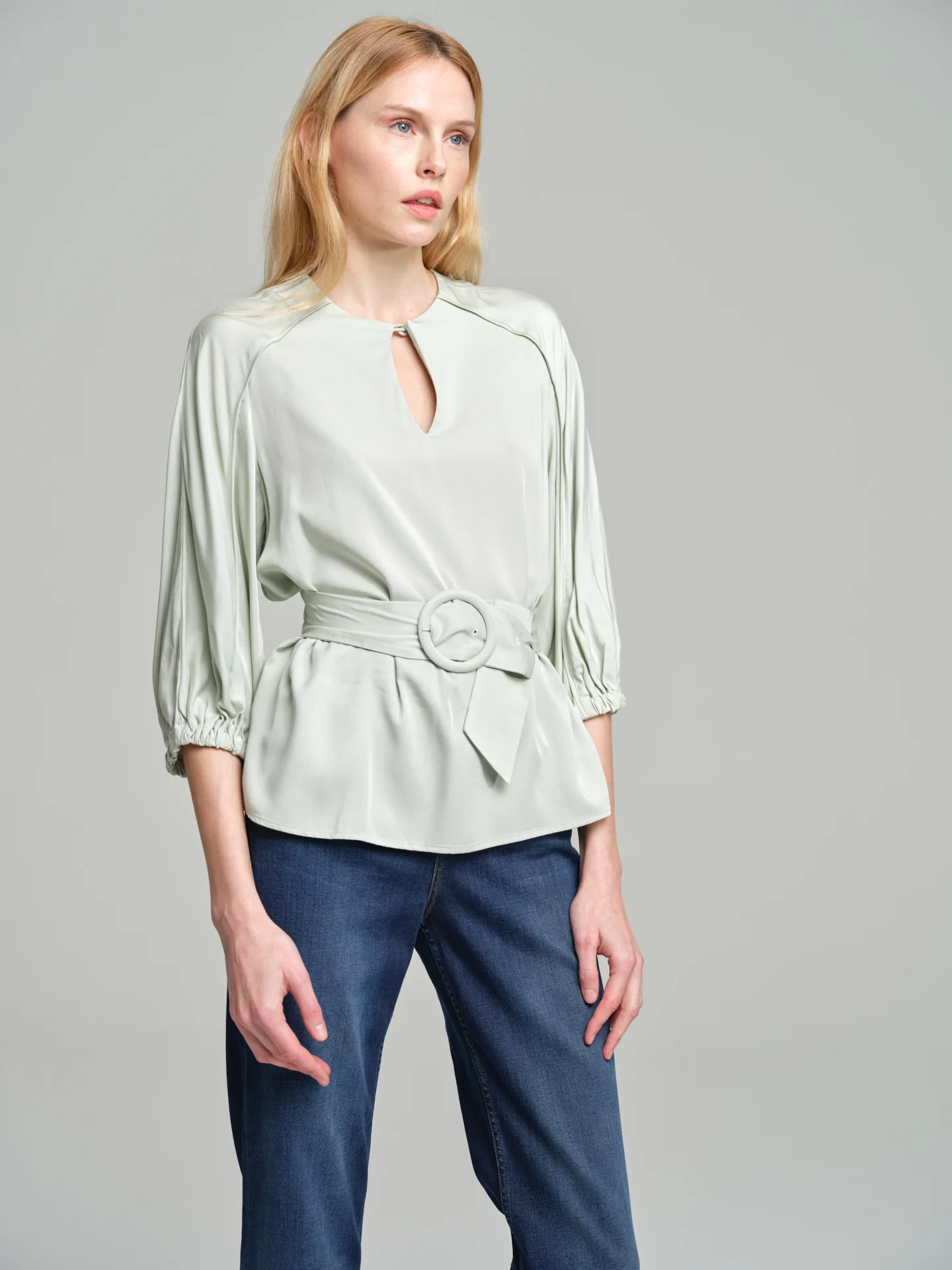 Fancy belted blouse with tear drop neckline - Image 2