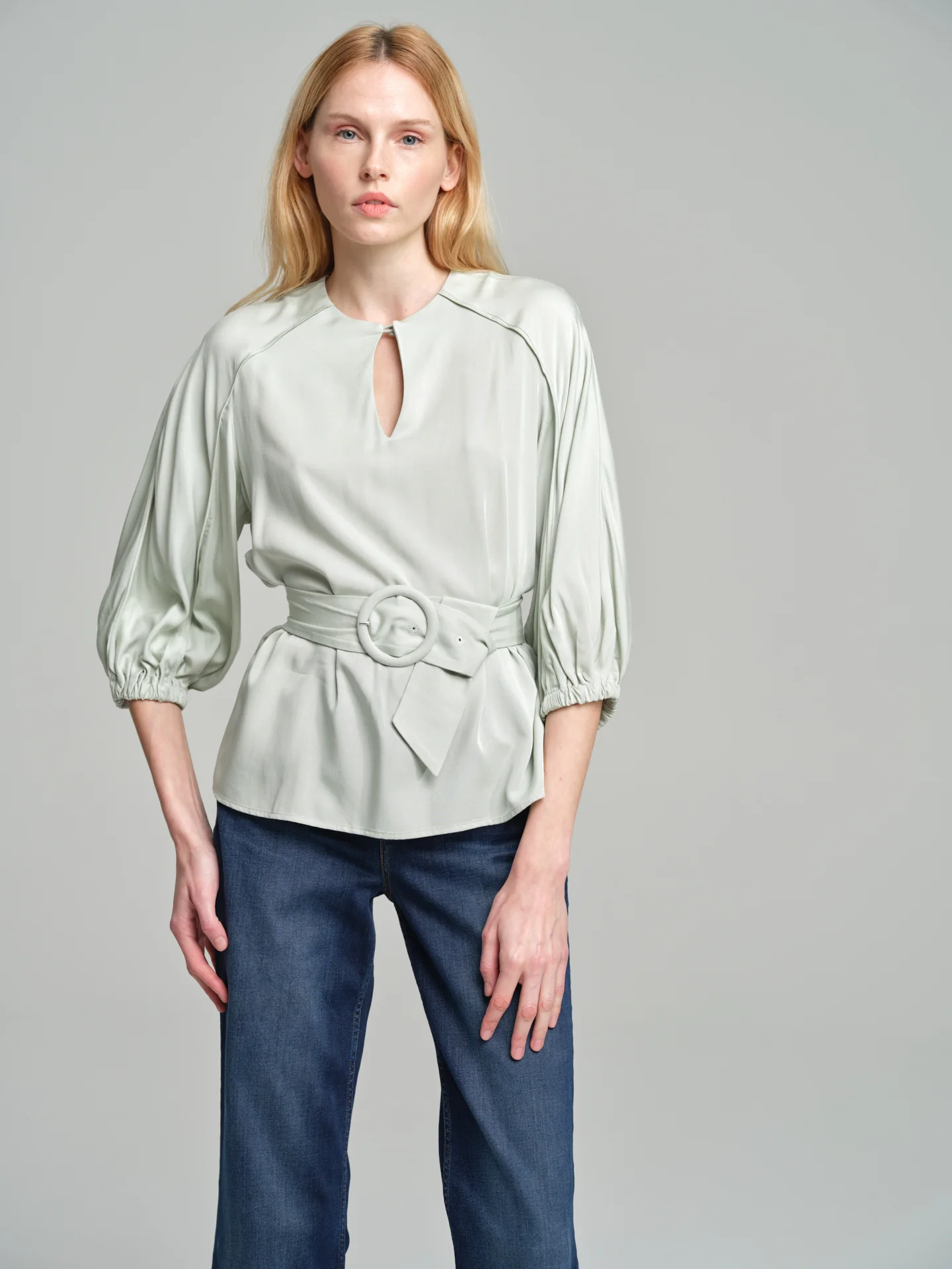Fancy belted blouse with tear drop neckline - Image 3