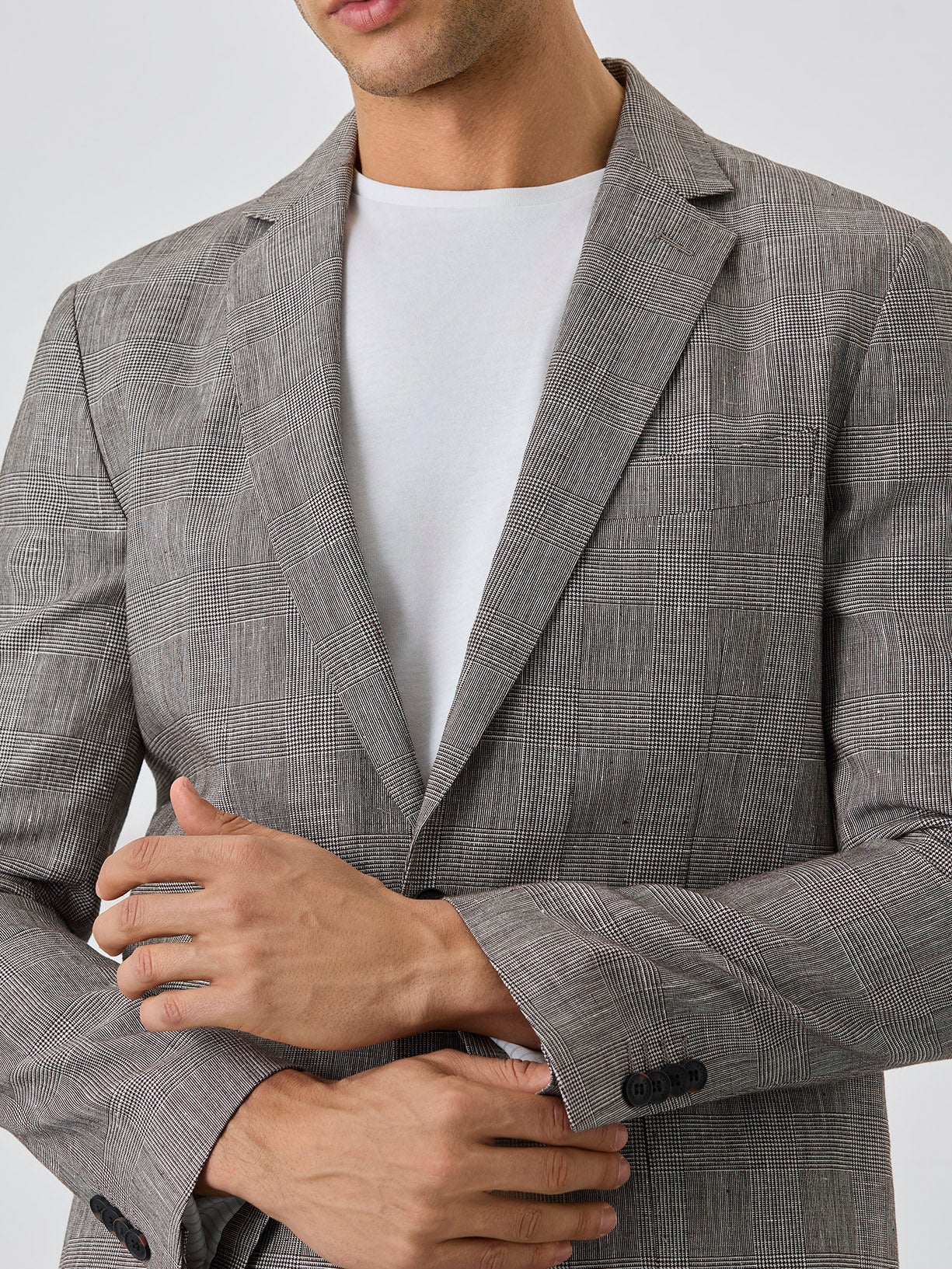 Half-Canvas Checks Blazer With Patch Pockets In Linen