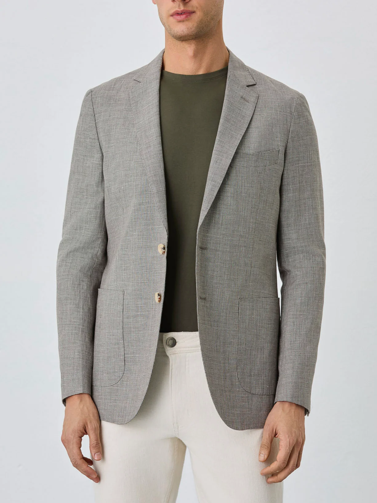 Half-Canvas Micro Houndstooth Blazer With Patch Pockets In Linen