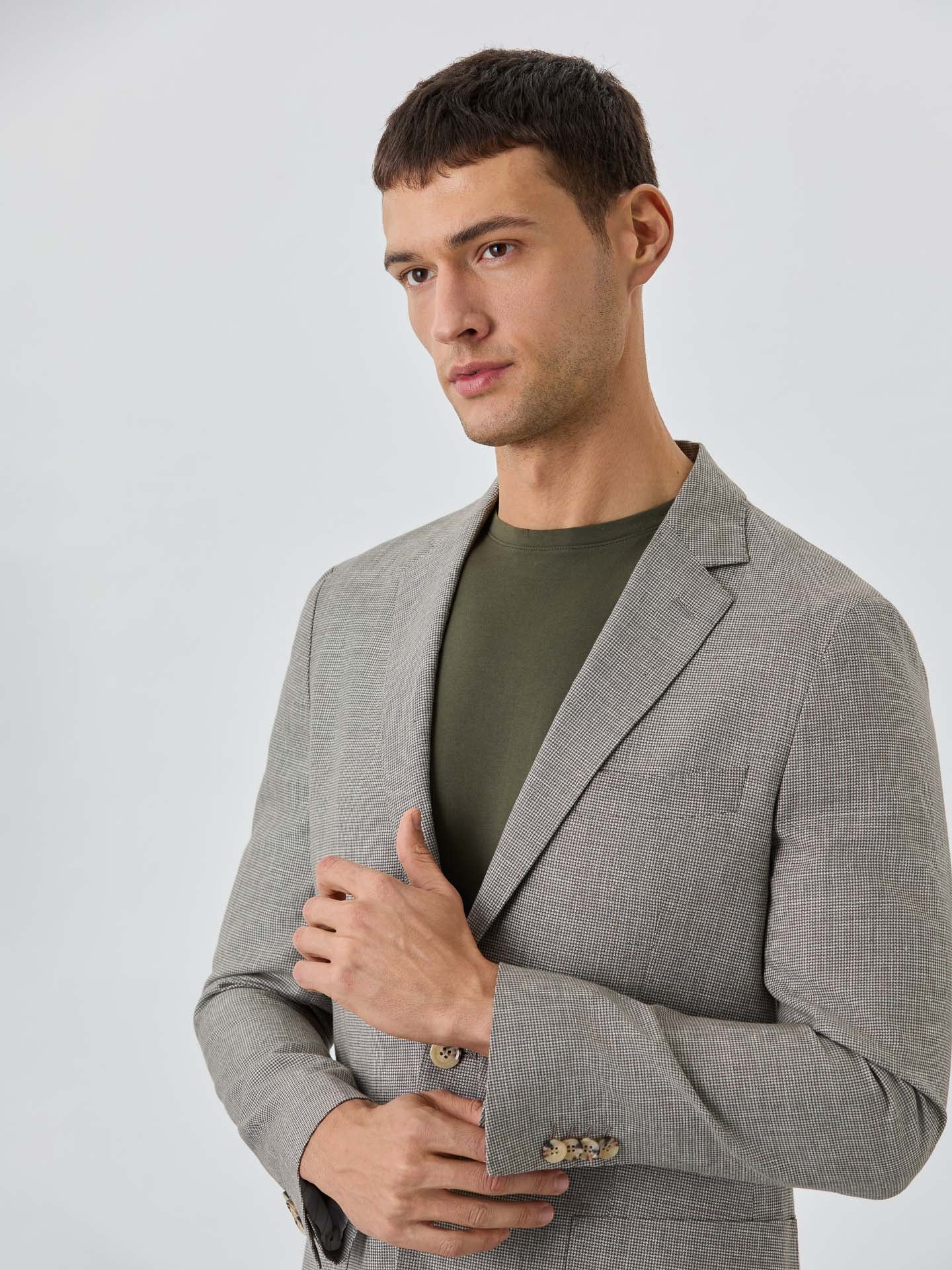 Half-Canvas Micro Houndstooth Blazer With Patch Pockets In Linen - Image 2