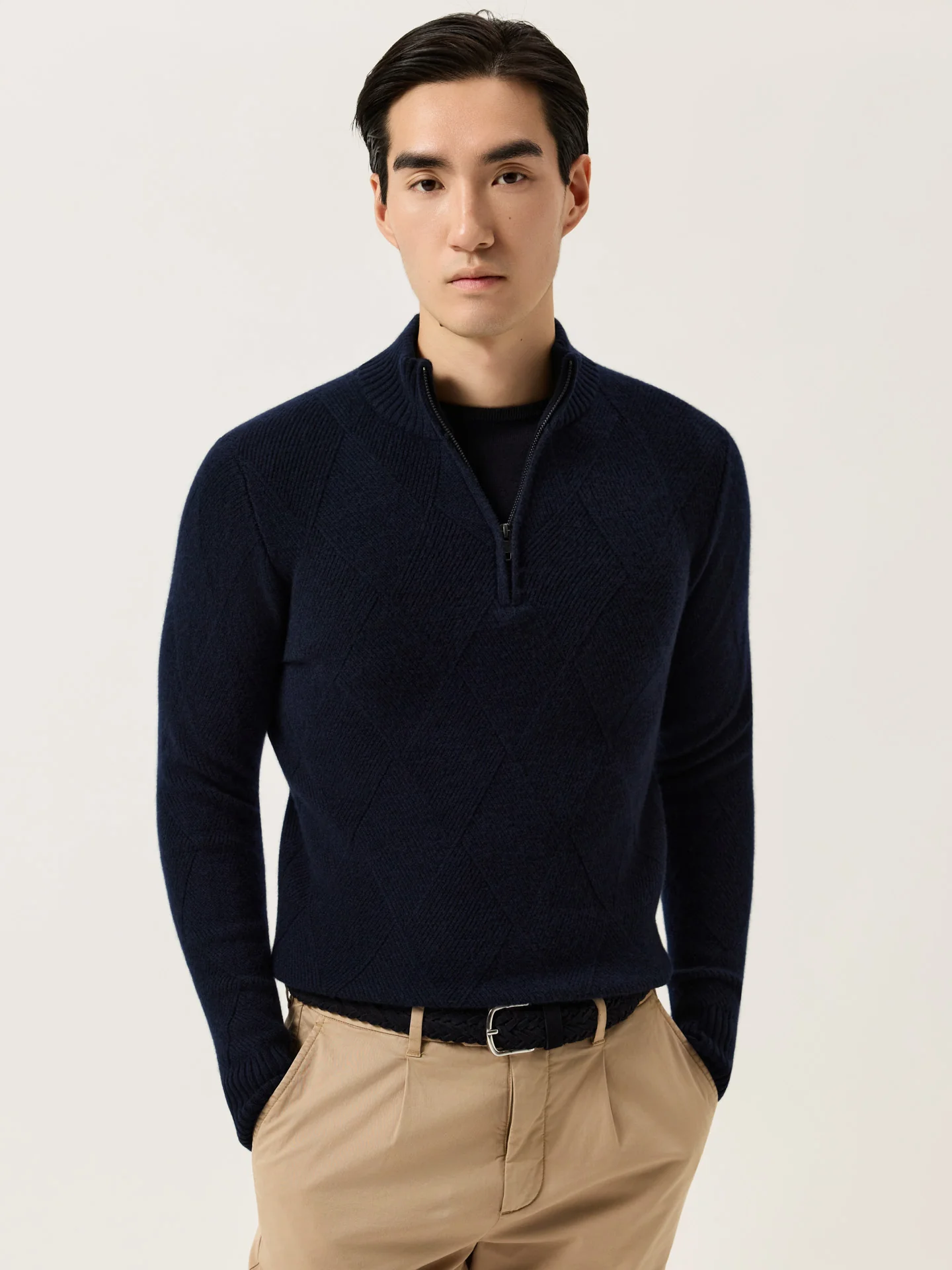 Long Sleeve Half-Zip Sweater With Fancy Stitch In Pure Lambswool - Image 6