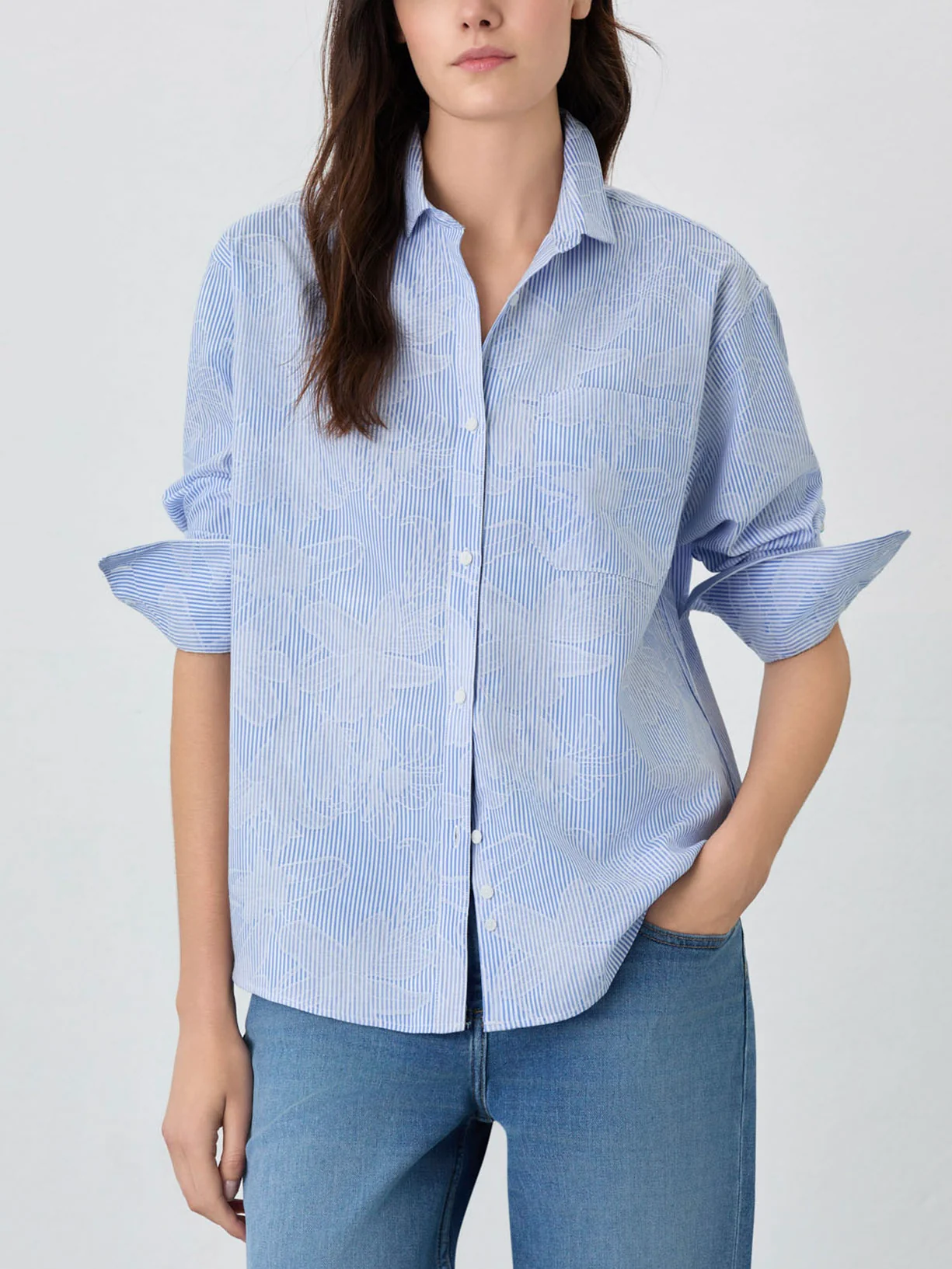 Loose Fit Shirt With Pocket In Cotton Floral Jaquard Fabric