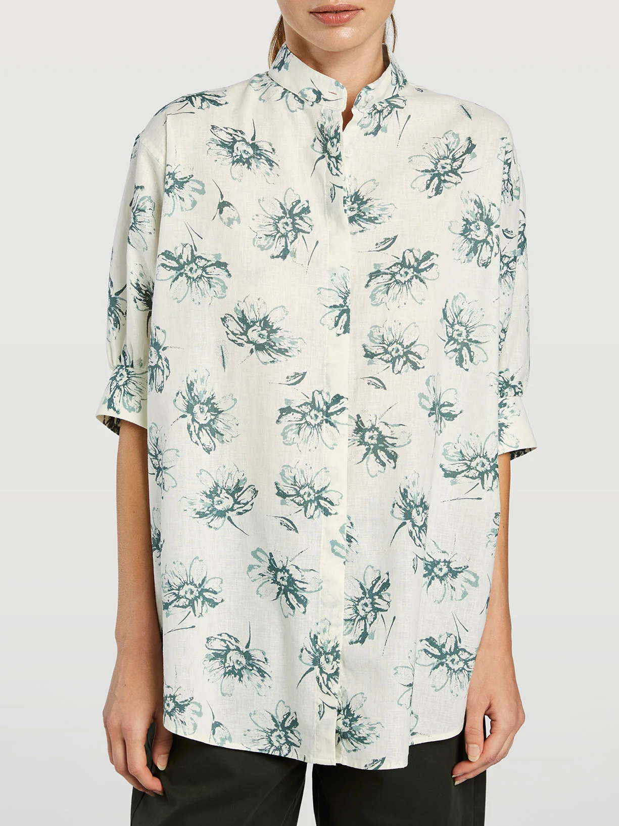 Mao Collar Shirt With Balloon Sleeves