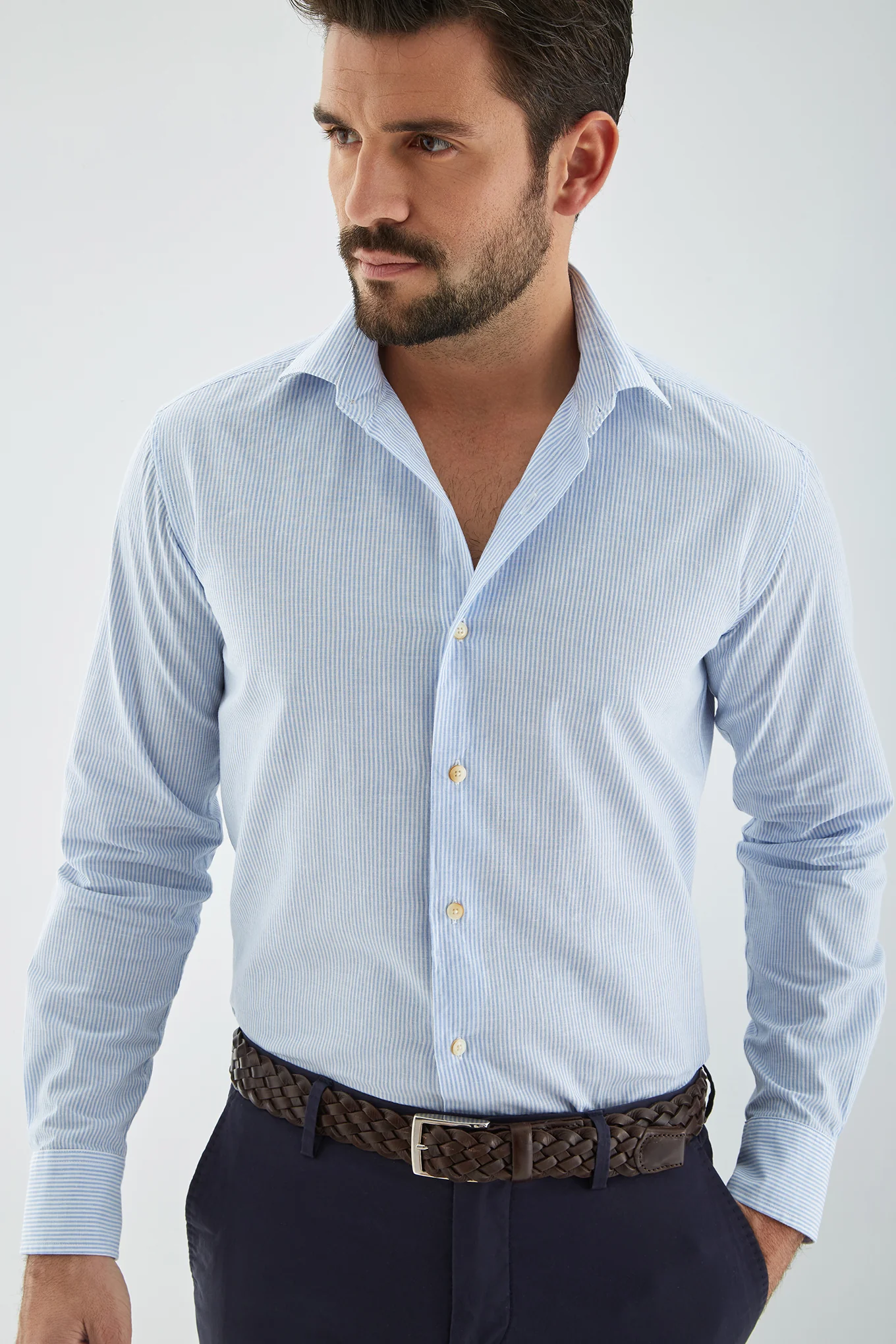 Men's Cotton and Linen Striped Slim Fit Sports Shirt - Image 4
