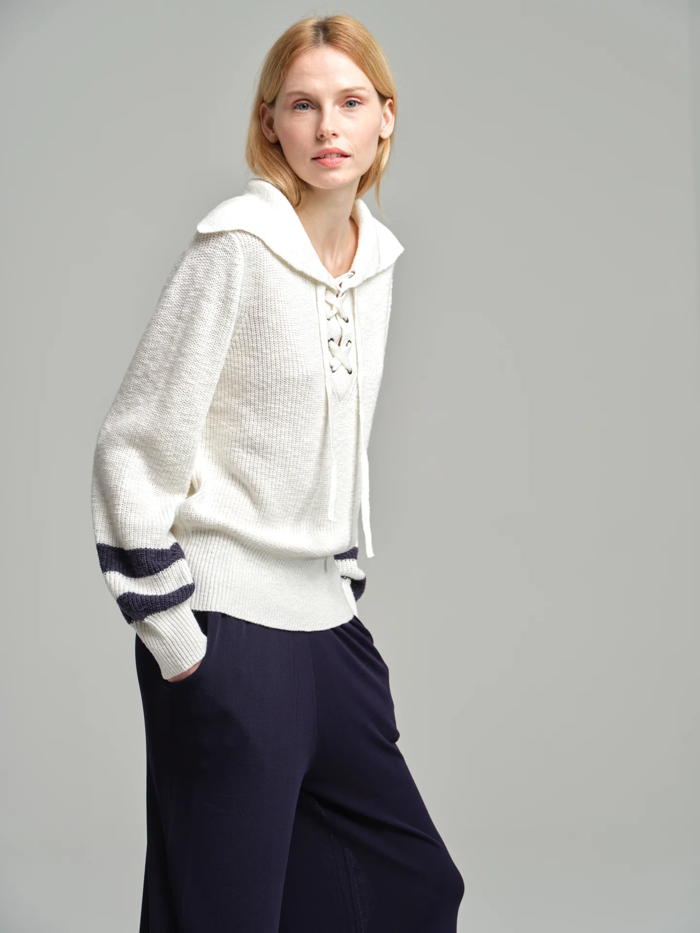 Navy sweater with tie neckline - Image 6