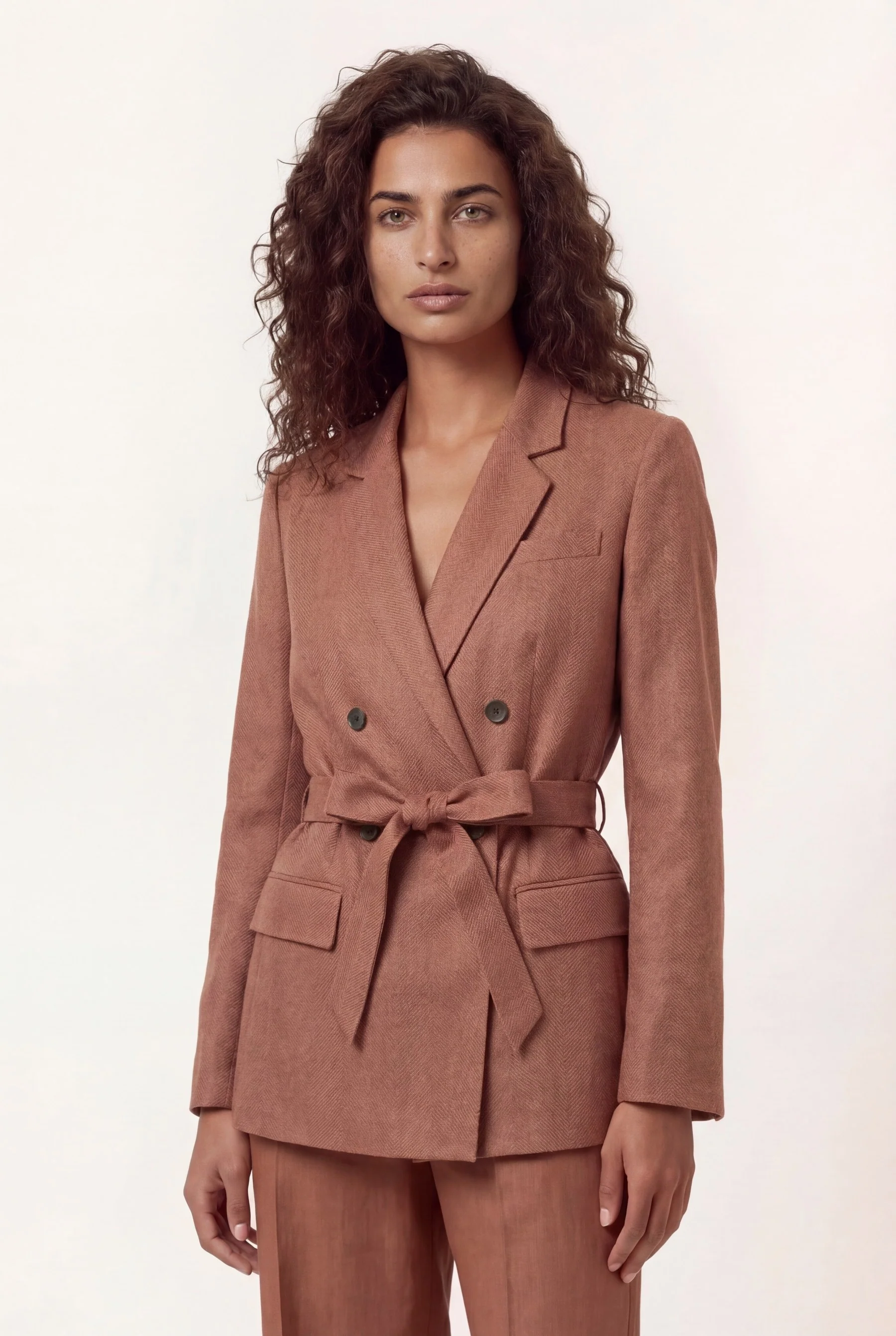 Regular Fit Belted Blazer In Viscose And Linen Blend