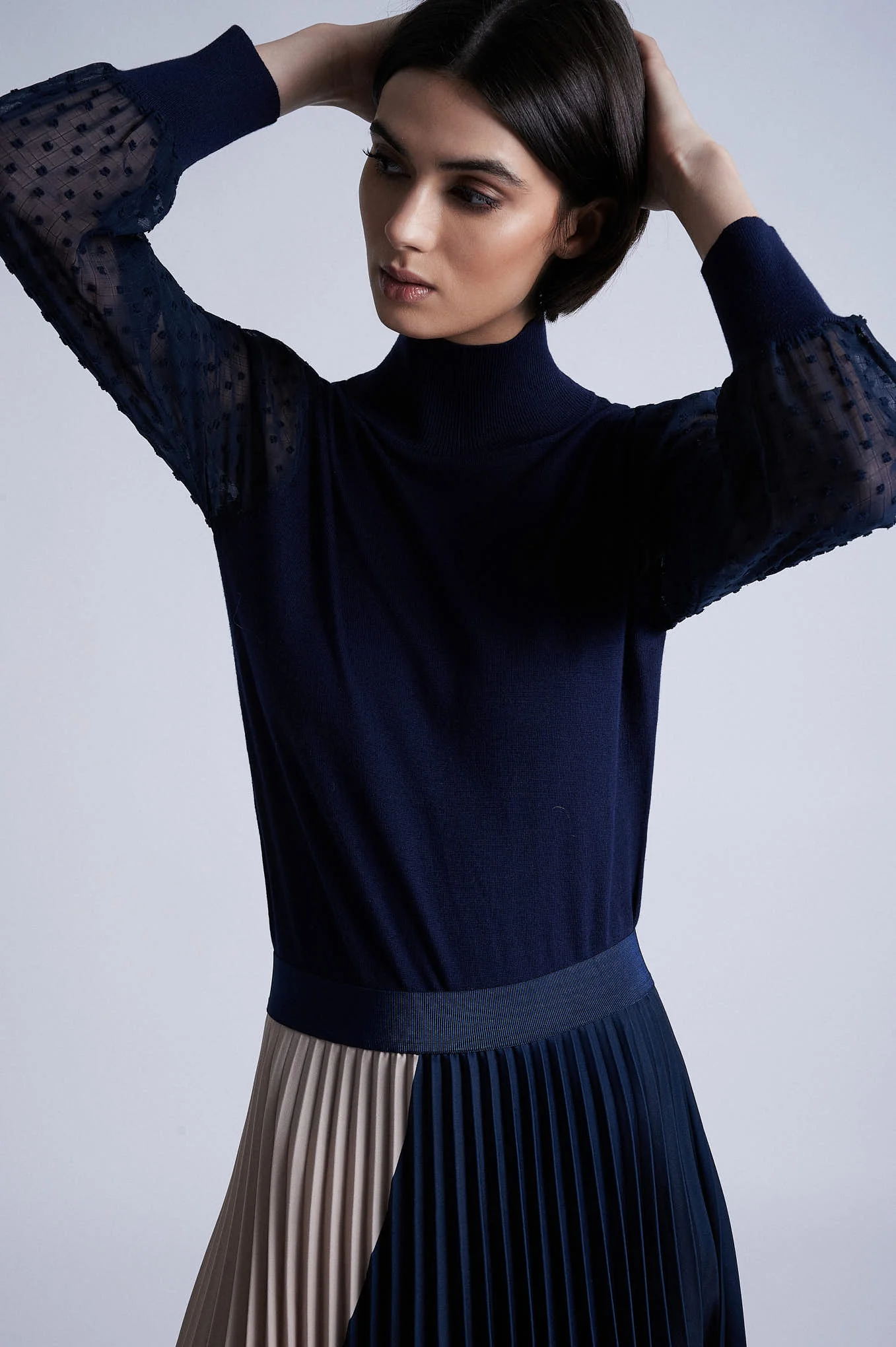 Silk and cotton high collar sweater with chiffon sleeves - Image 2