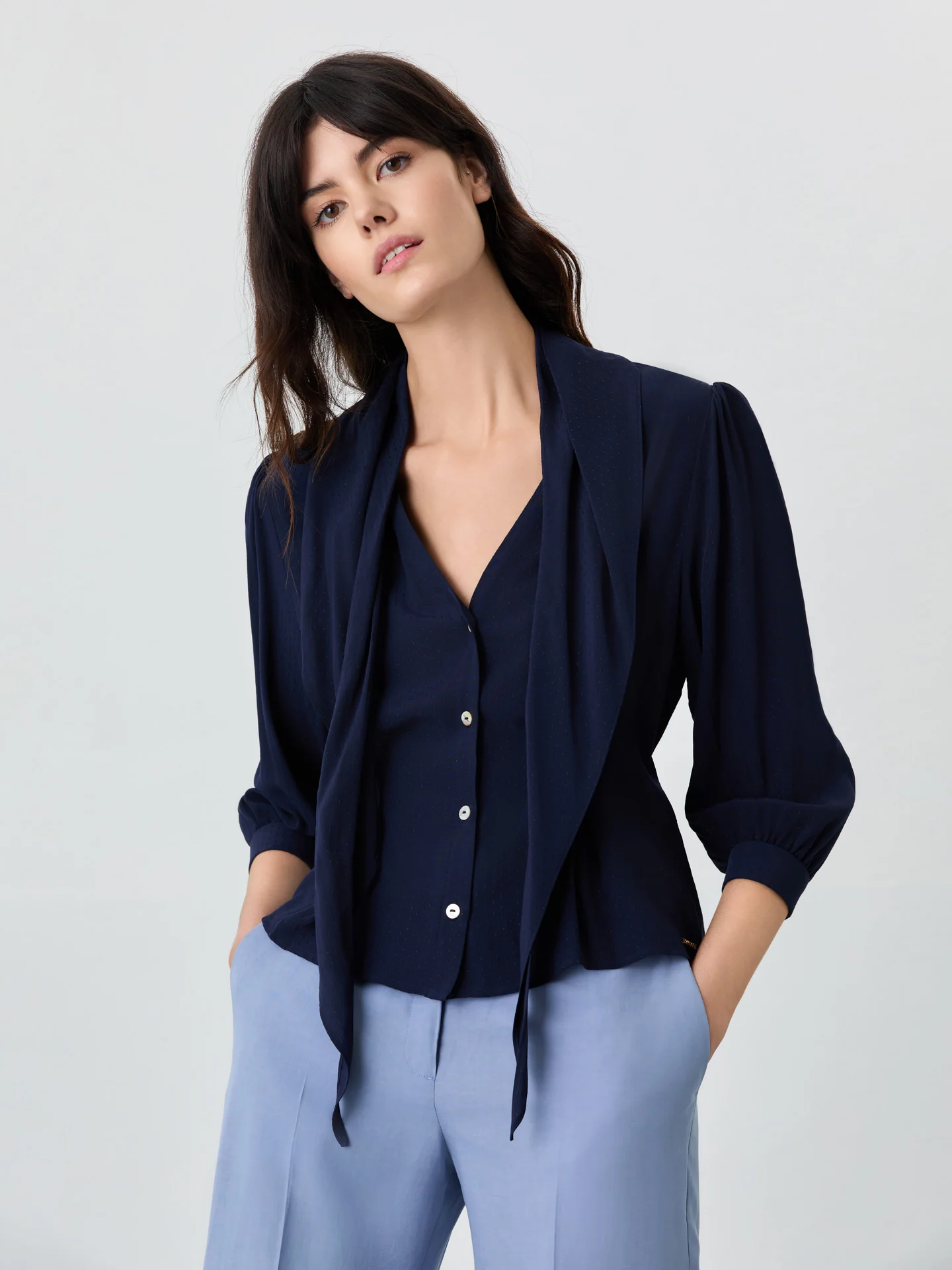 Slim Fit Blouse In Viscose And Lenzing Blend With Removable Scarf - Image 5