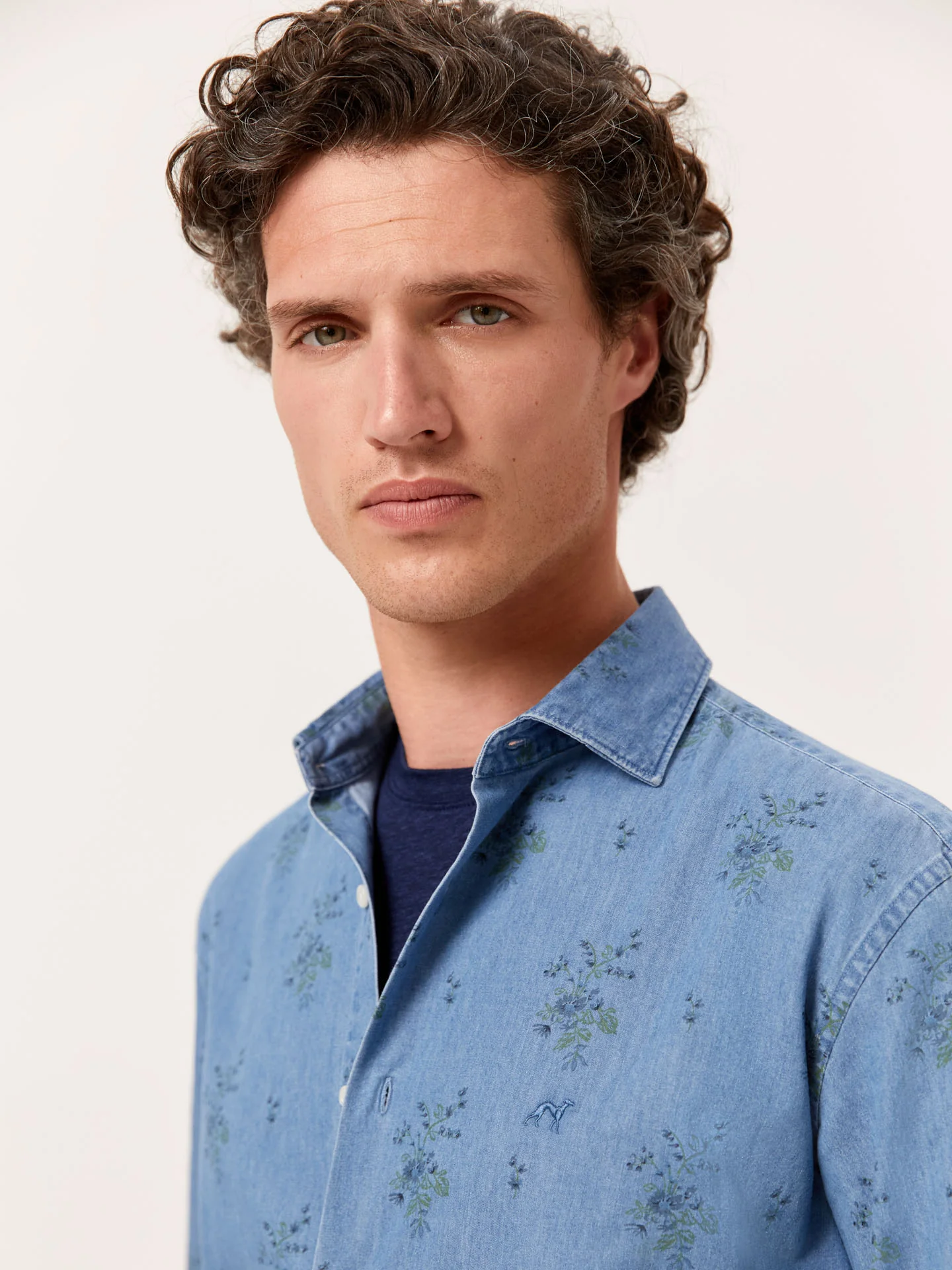 Slim Fit Denim Printed Shirt with Open Collar