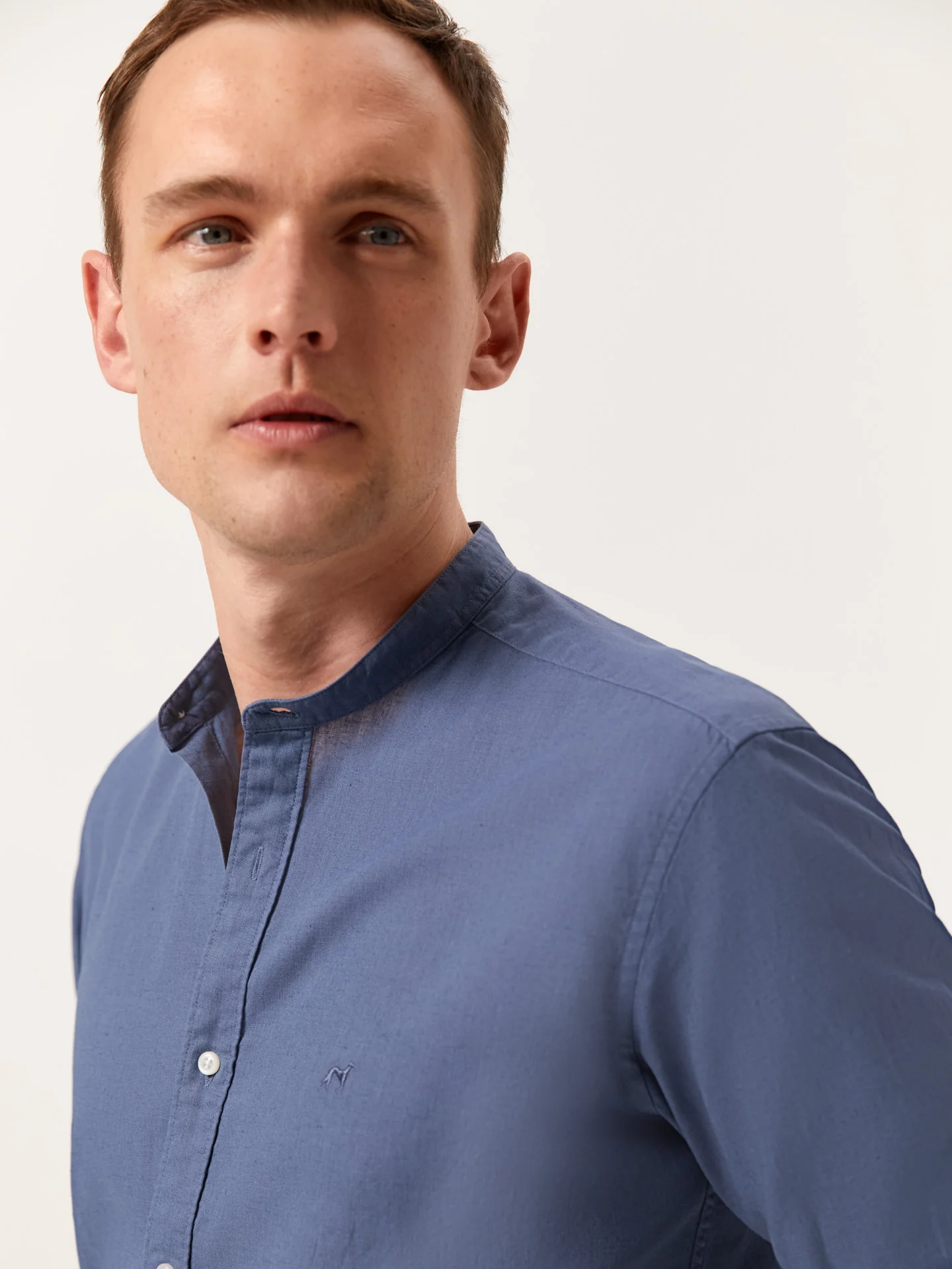 Slim Fit Garment Dye Cotton Linen Shirt with Mao Collar - Image 18