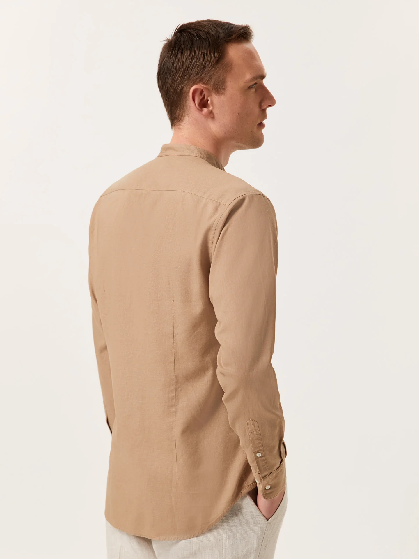 Slim Fit Garment Dye Cotton Linen Shirt with Mao Collar - Image 4