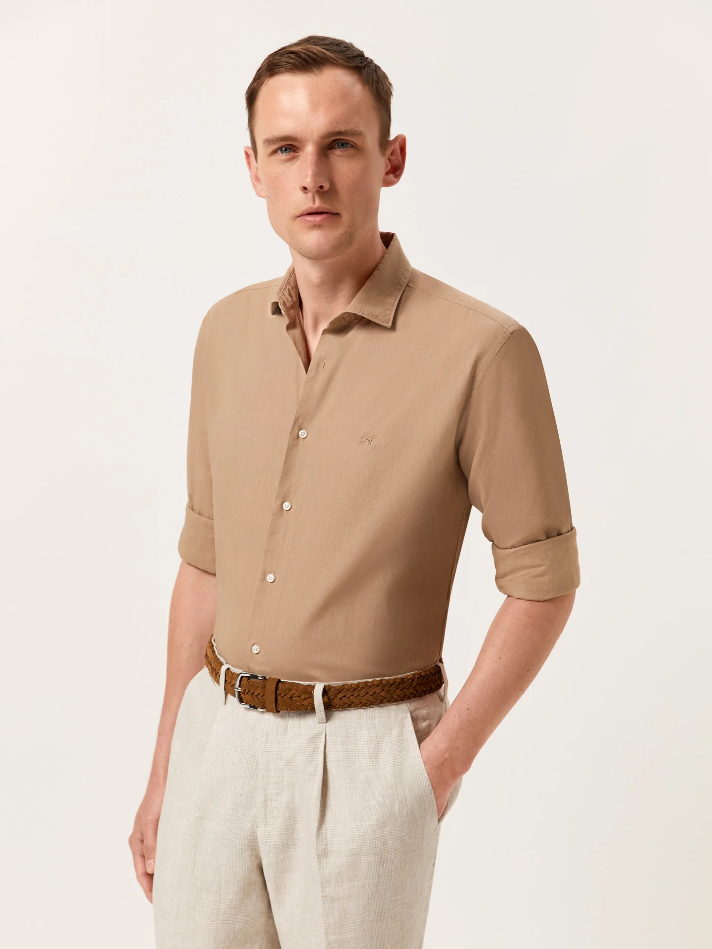 Slim Fit Garment Dye Cotton Linen Shirt with Open Collar - Image 3