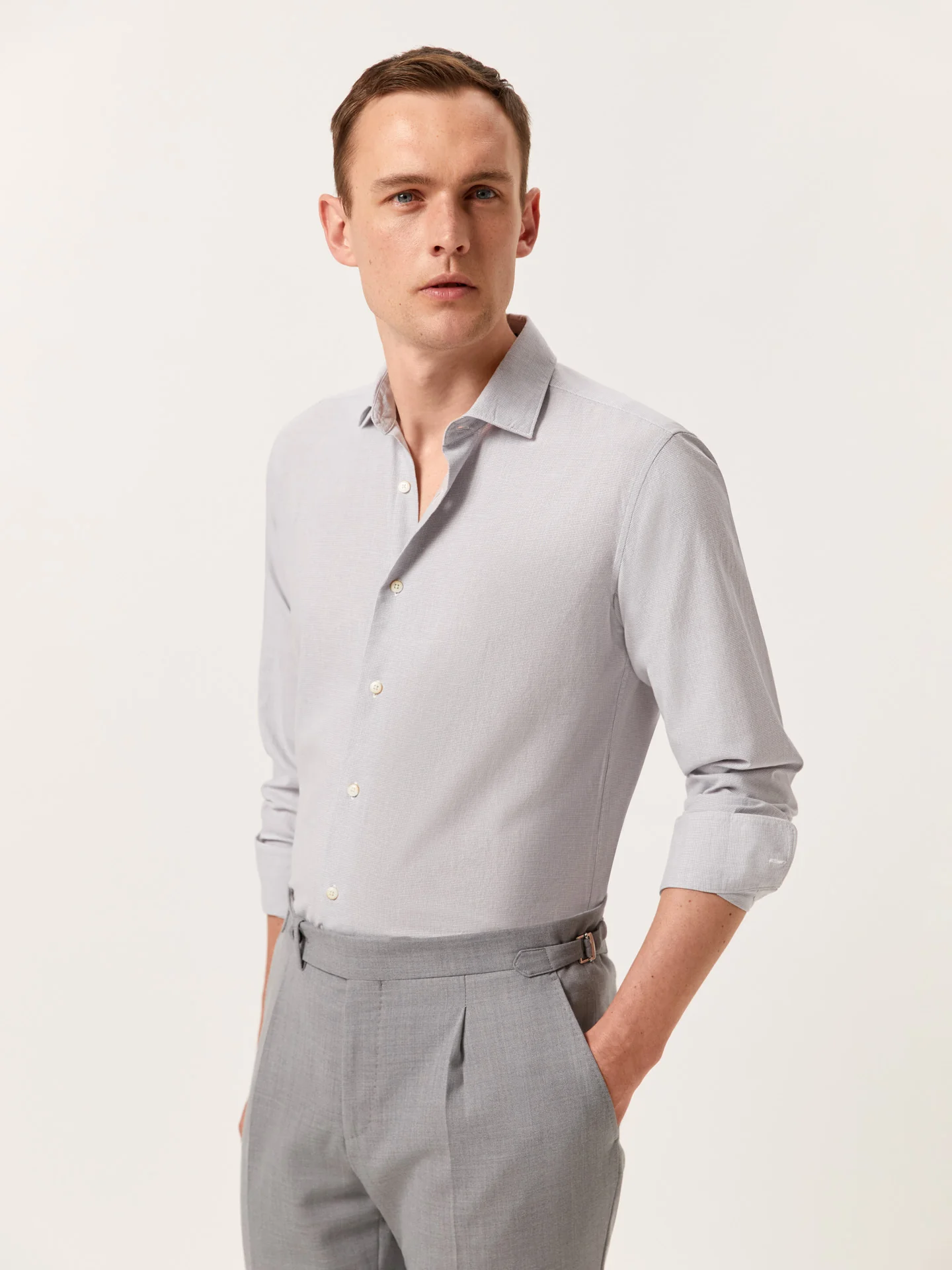 Slim Fit Houndstooth Cotton Linen Shirt with Open Collar