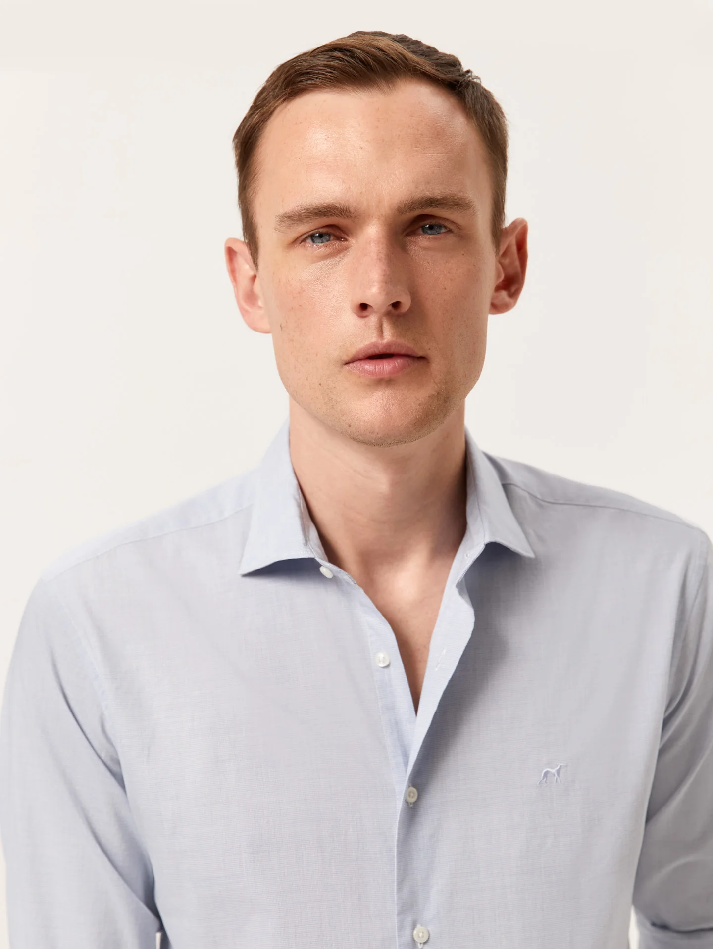 Slim Fit Houndstooth Cotton Poplin Shirt with Open Collar - Image 2