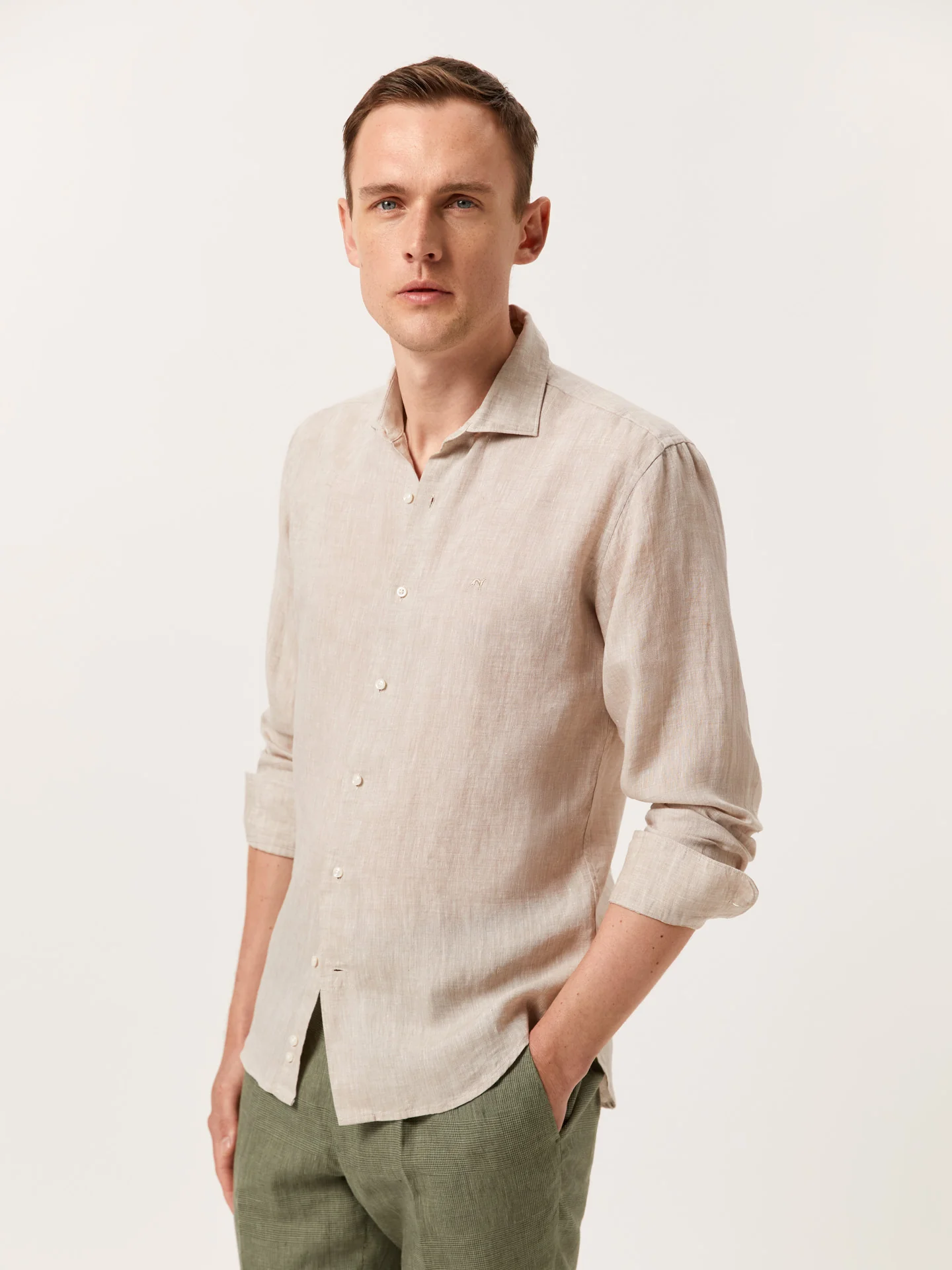 Slim Fit Plain Linen Shirt with Open Collar - Image 10