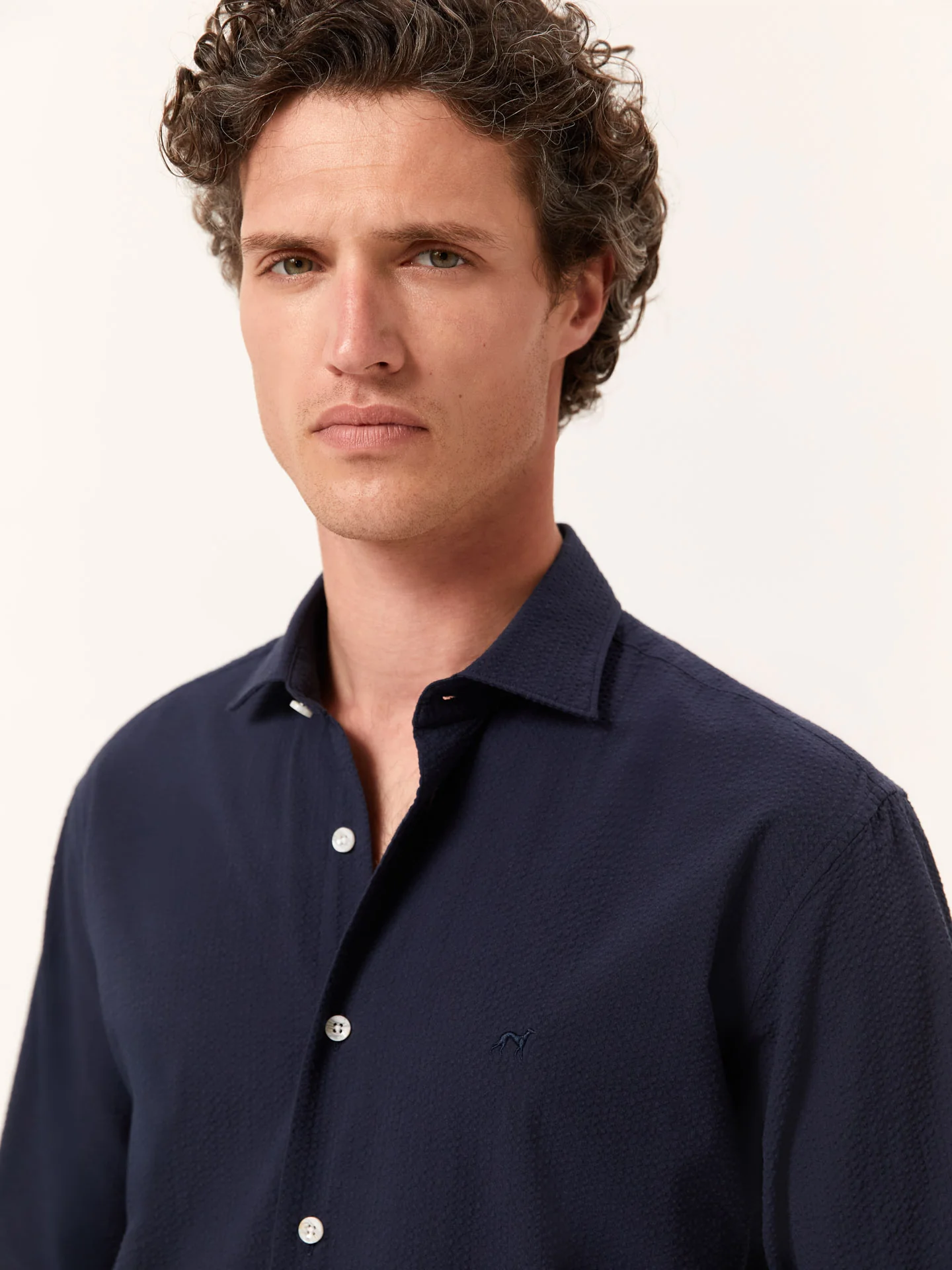 Slim Fit Seersucker Shirt in Cotton Elastane with Open Collar - Image 2