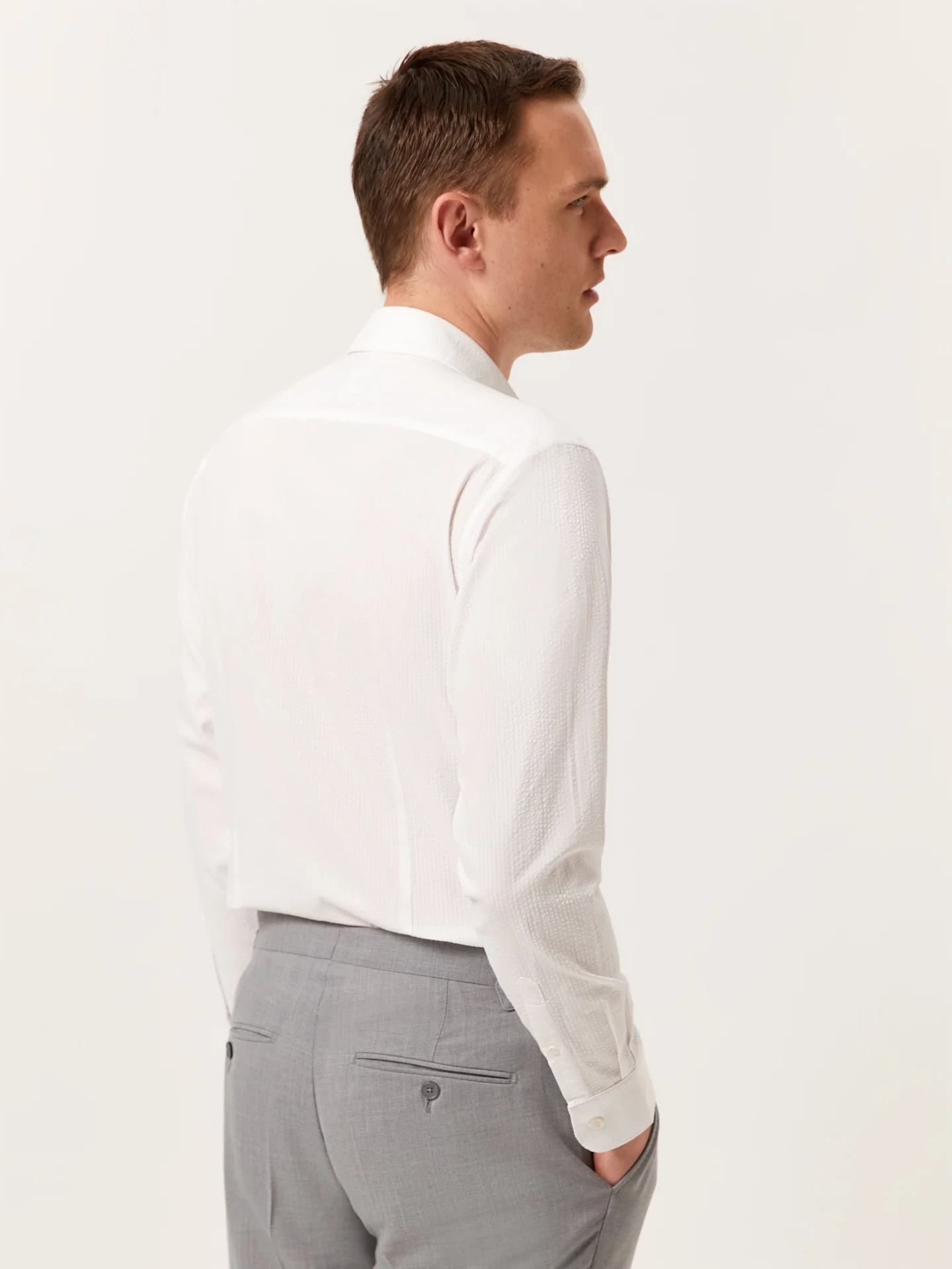 Slim Fit Seersucker Shirt in Cotton Elastane with Open Collar - Image 3