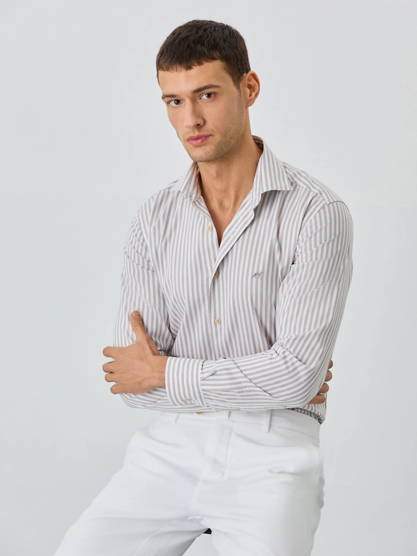 Slim Fit Shirt With Open Collar in BCI Cotton With Stripes - Image 2