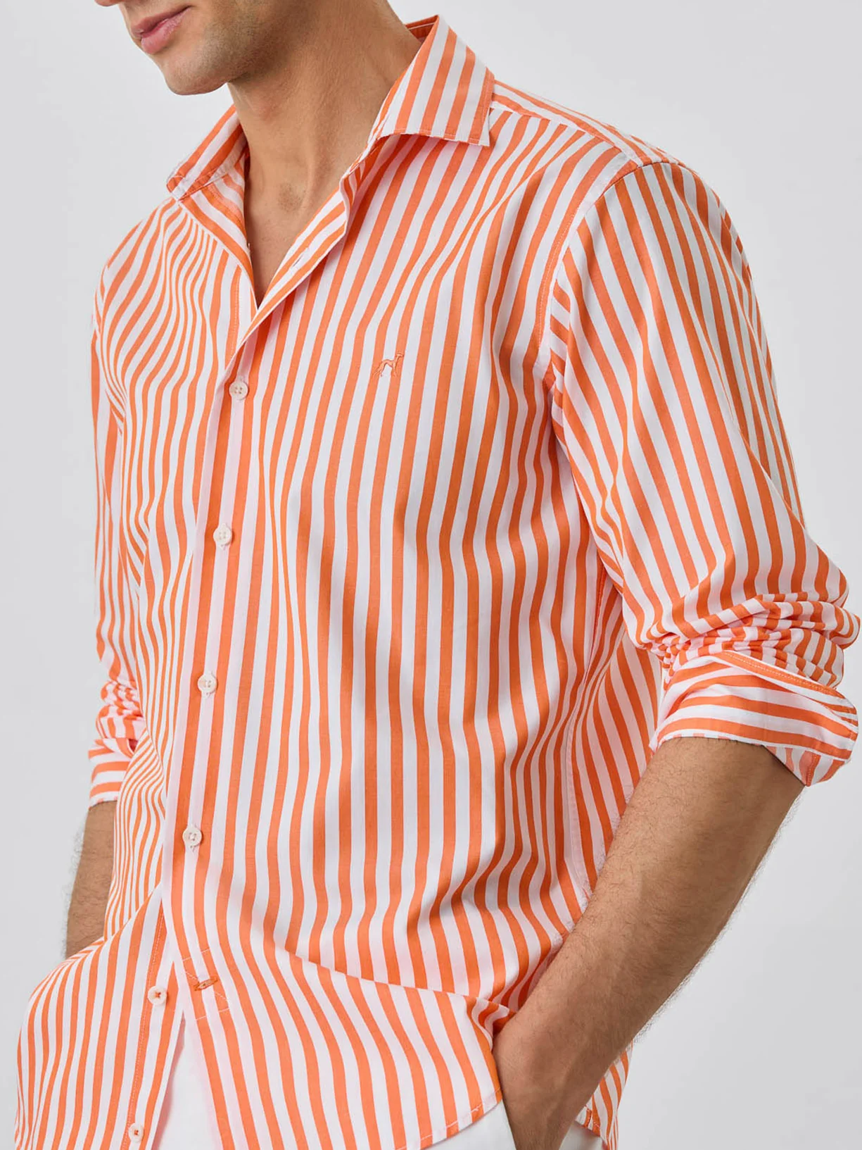 Slim Fit Shirt With Open Collar In BCI Cotton With Stripes