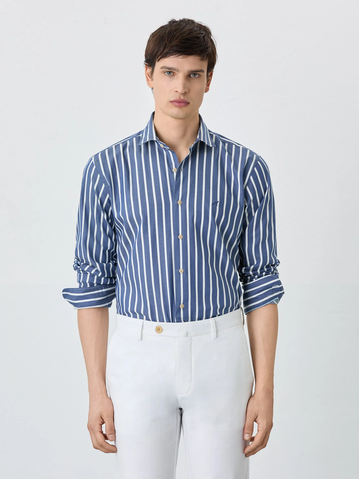 Slim Fit Shirt With Open Collar In BCI Cotton With Stripes - Image 3