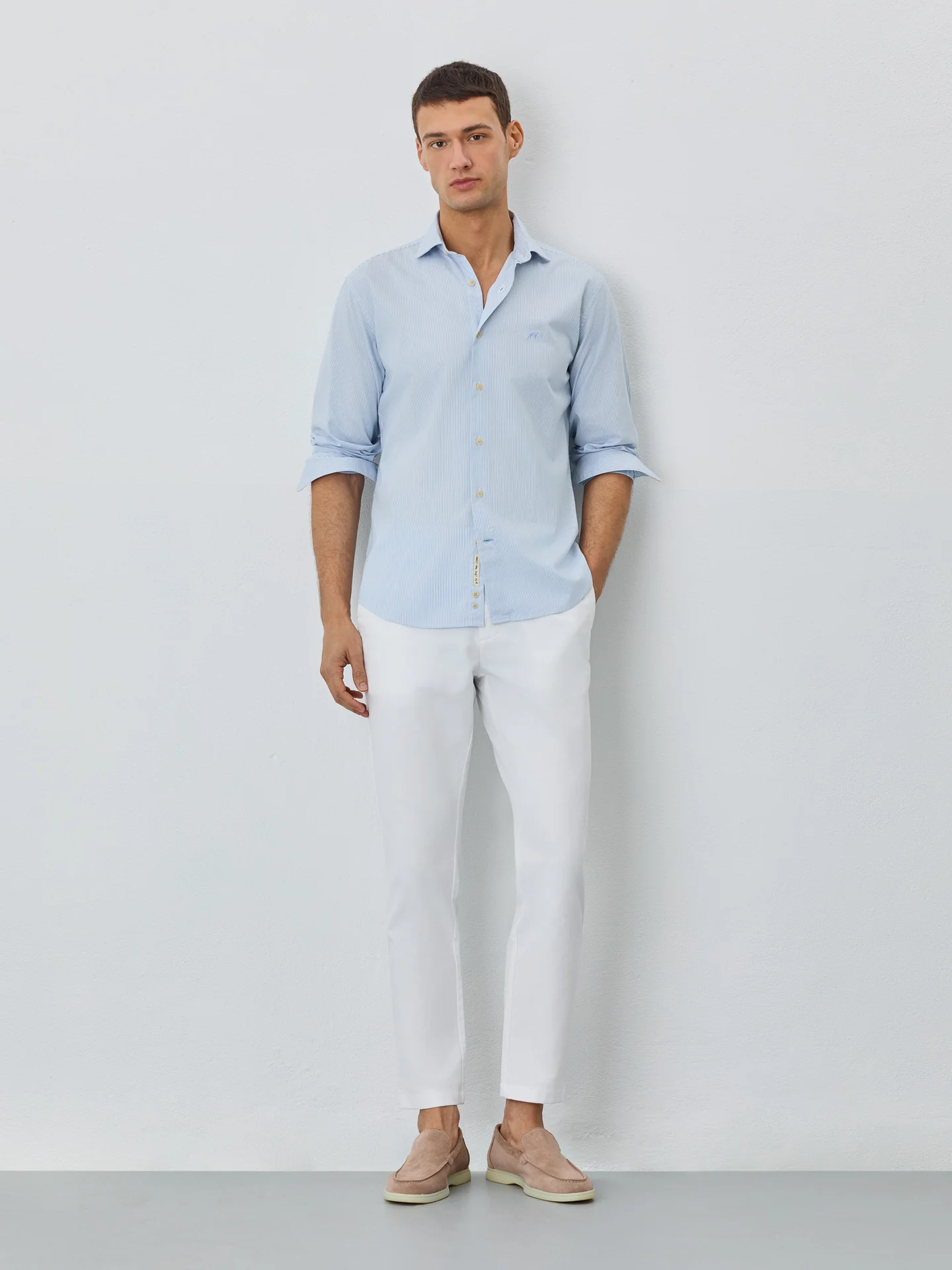 Slim Fit Shirt With Open Collar In BCI Cotton With Stripes