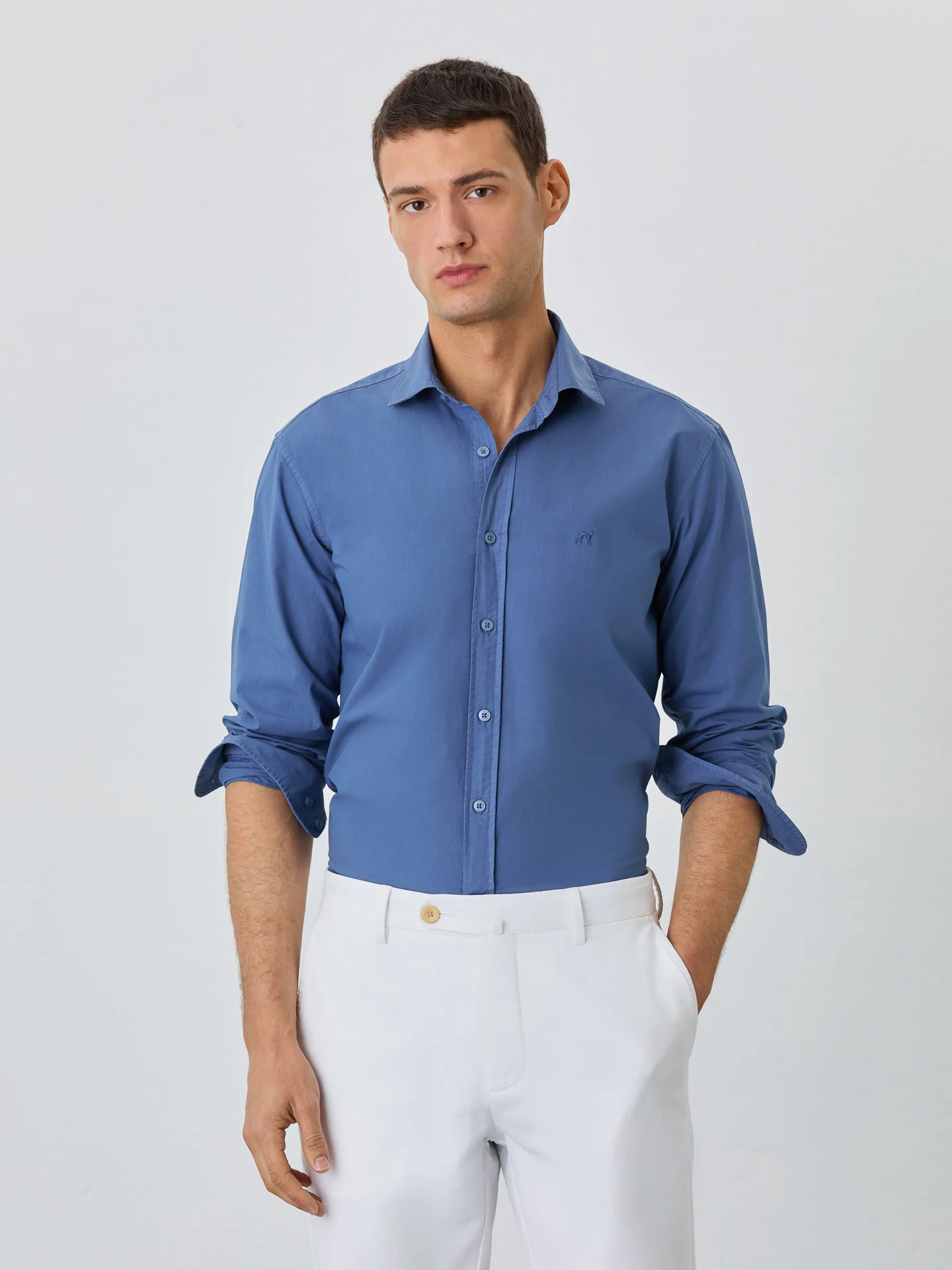 Slim Fit Shirt With Open Collar in Cotton Poplin - Image 10