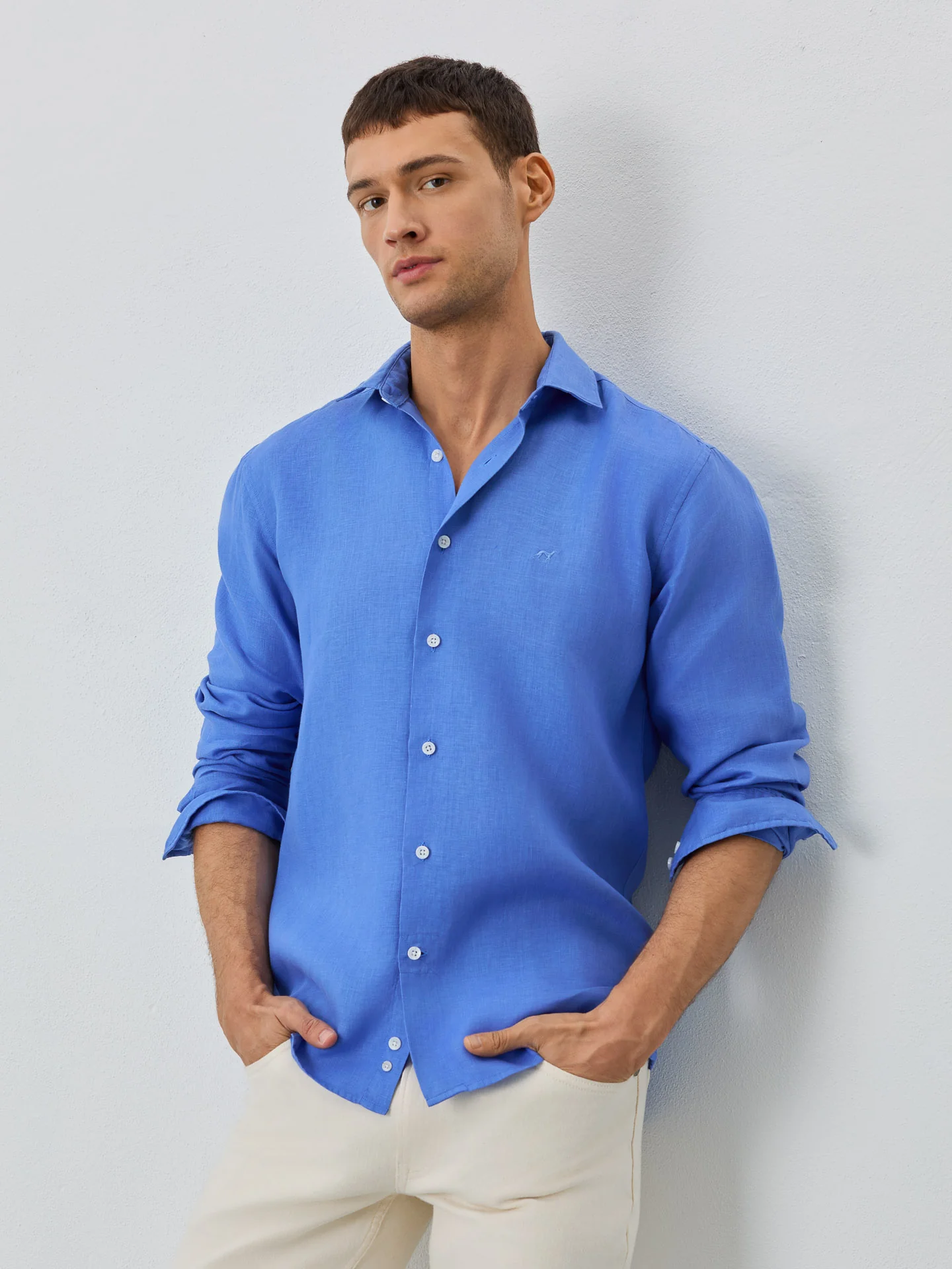 Slim Fit Shirt With Open Collar In Linen