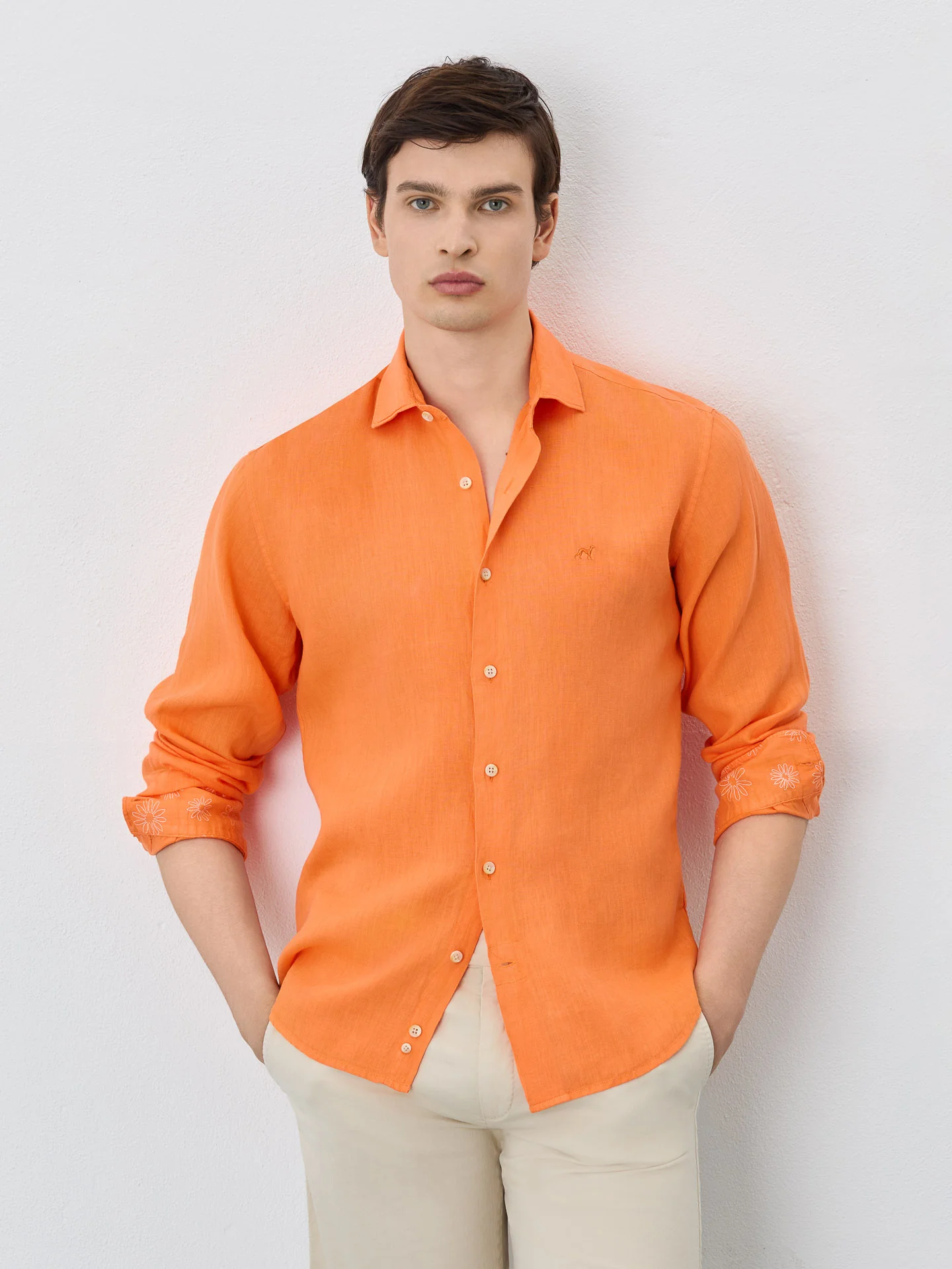 Slim Fit Shirt With Open Collar In Linen - Image 12