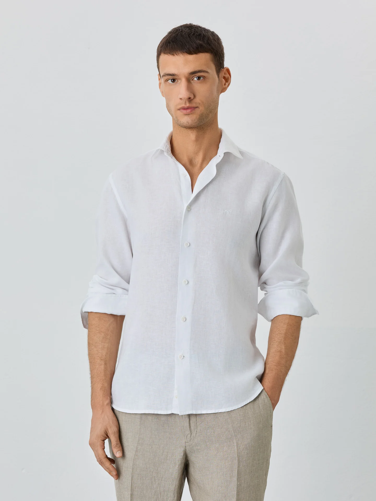 Slim Fit Shirt With Open Collar In Linen - Image 12