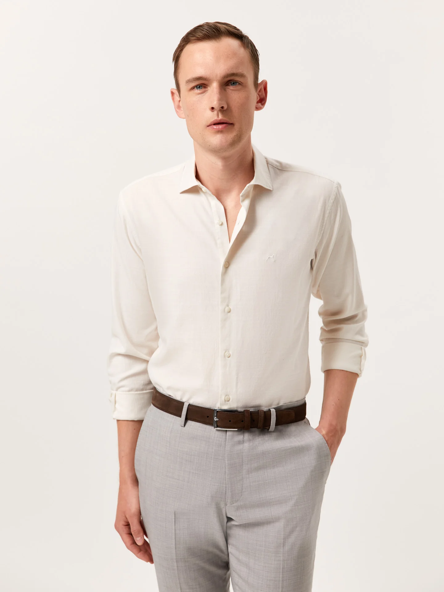 Slim Fit Slub Mélange Cotton Twill Shirt with Open Collar - Image 3