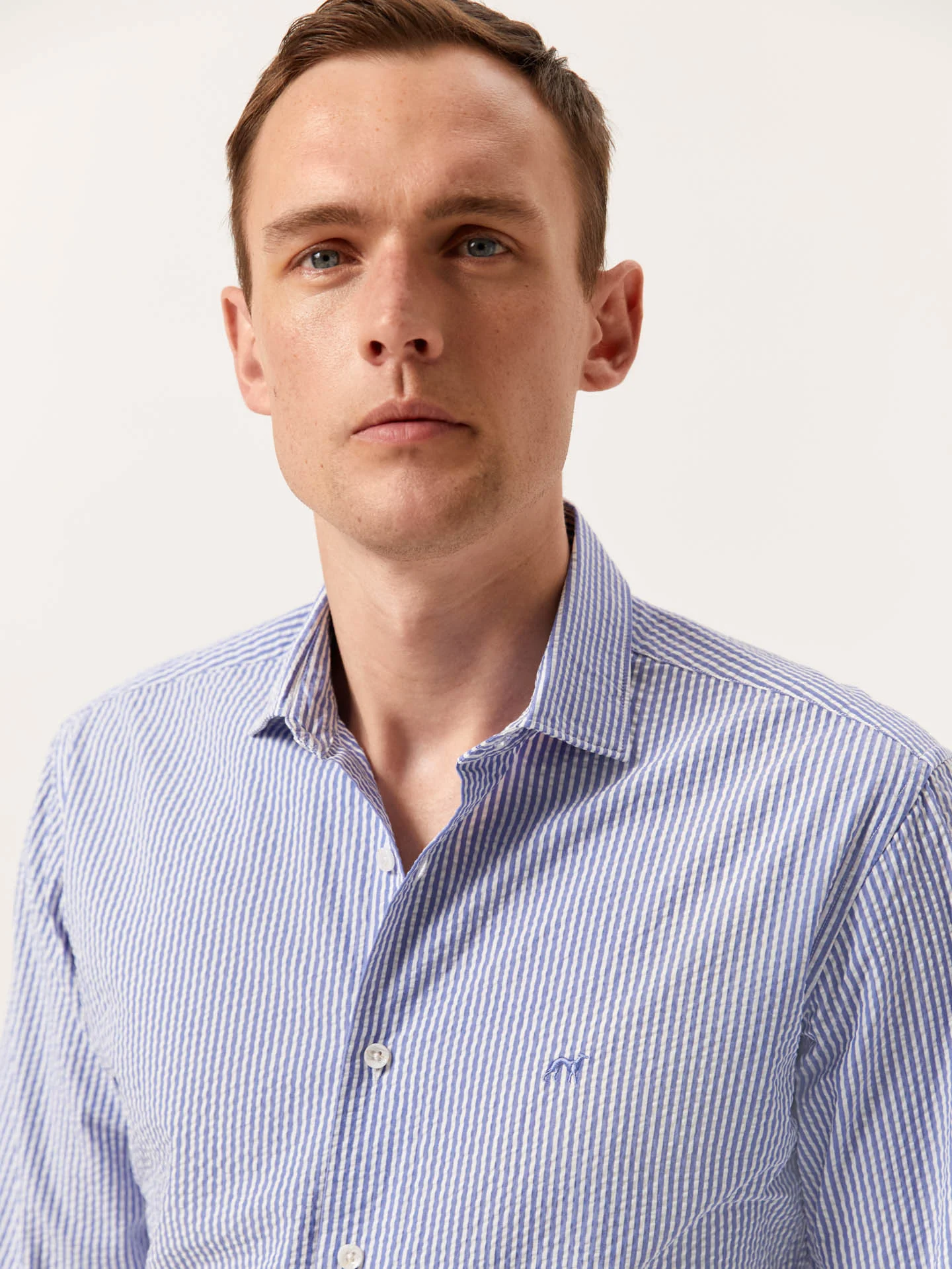 Slim Fit Striped Seersucker Shirt in Cotton Elastane with Open Collar - Image 2