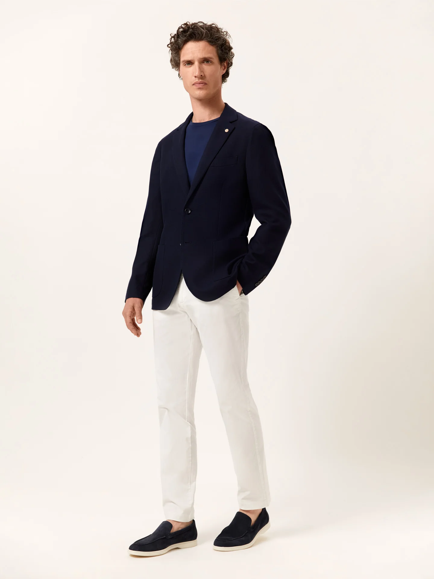 Unstructured Dark Blue Cotton Blazer with Knit-Like Texture - Image 2