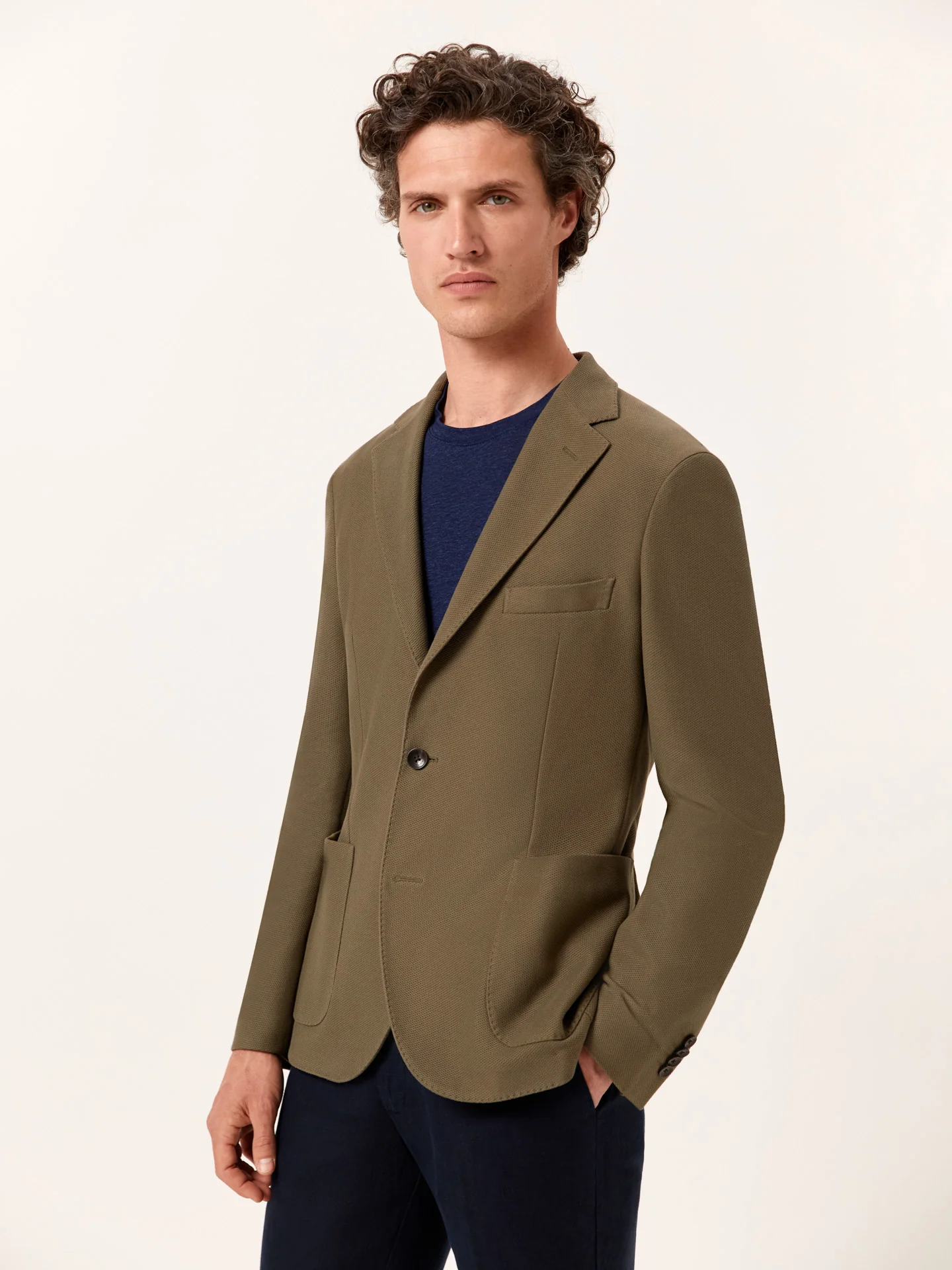 Unstructured Khaki Piqué Cotton Blazer - Image 2