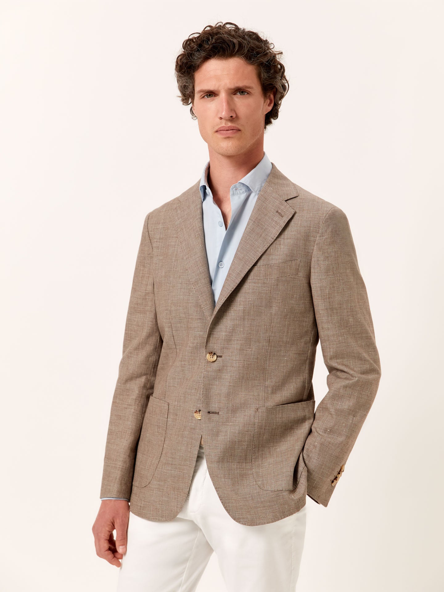 Unstructured Light Brown Pied Poule Linen Blazer - Image 2